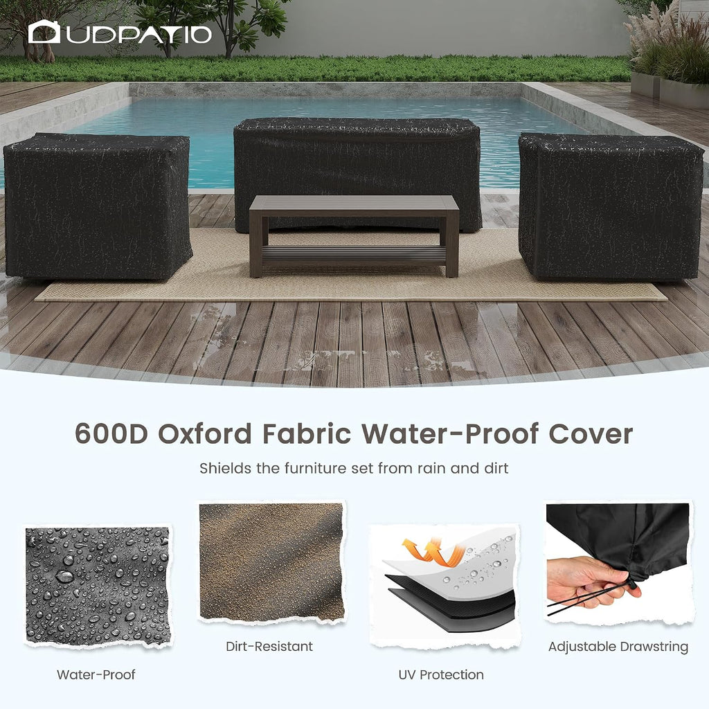 UDPATIO Aluminum Patio Furniture Set, Faux Wood Grain Modern Outdoor Furniture, 6' Cushions Metal Patio Conversation Sofa with Coffee Table for Poolside Deck, 5 PCS, Dark Grey(Include 600D Covers)