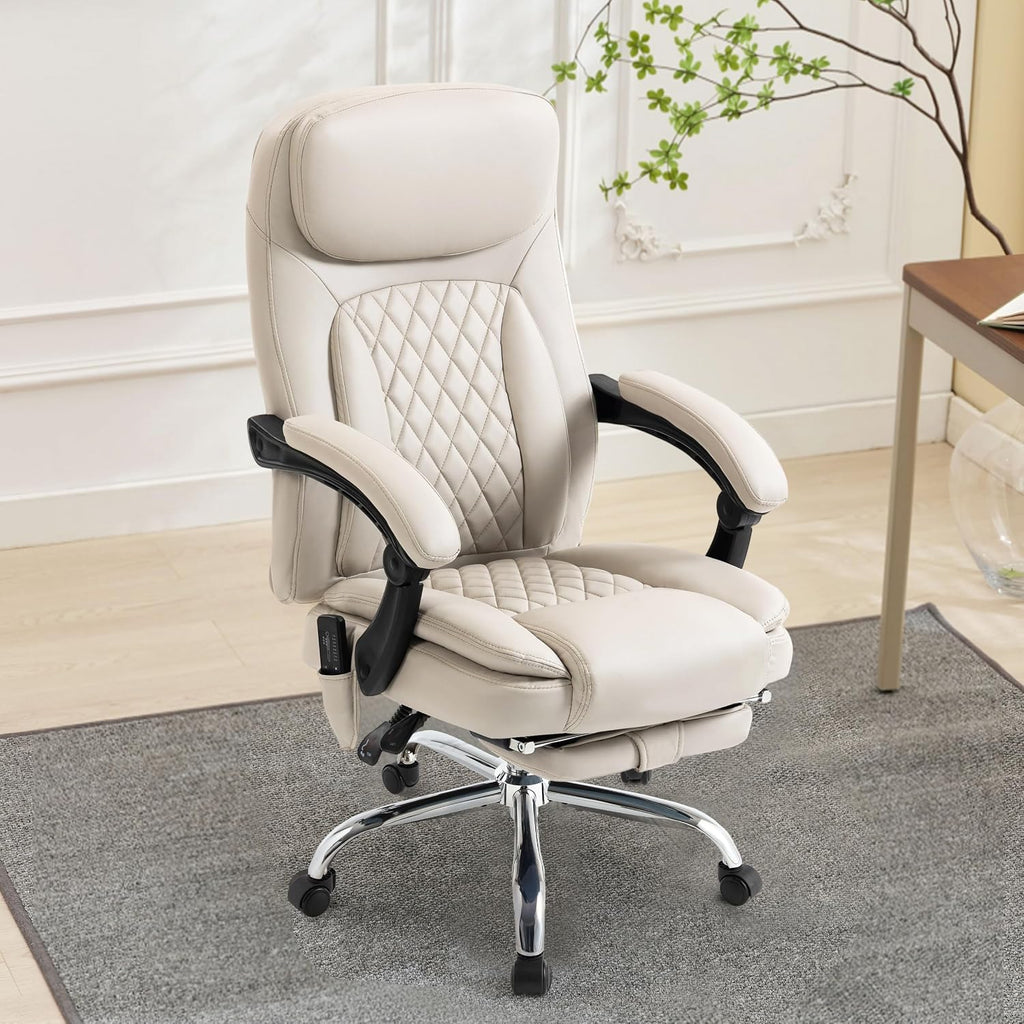 6-Point Massage Office Chair with Heated, Ergonomic Office Chair with Footrest & 45°Reclining High Back, Big and Tall Executive Office Chair 500LBS, Thick Cushion Desk Chair for Home Office, Beige(PU)