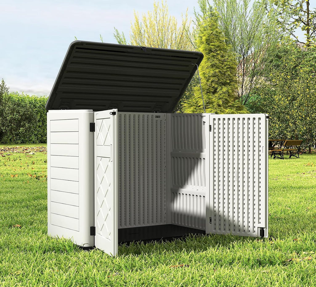 HOMSPARK Storage Shed Weather Resistance, Multi-Purpose Outdoor Storage Cabinet for Backyards and Patios, Horizontal Storage Shed for Lawnmower, Patio Accessories (Off-White, Large - 48 cu.ft)