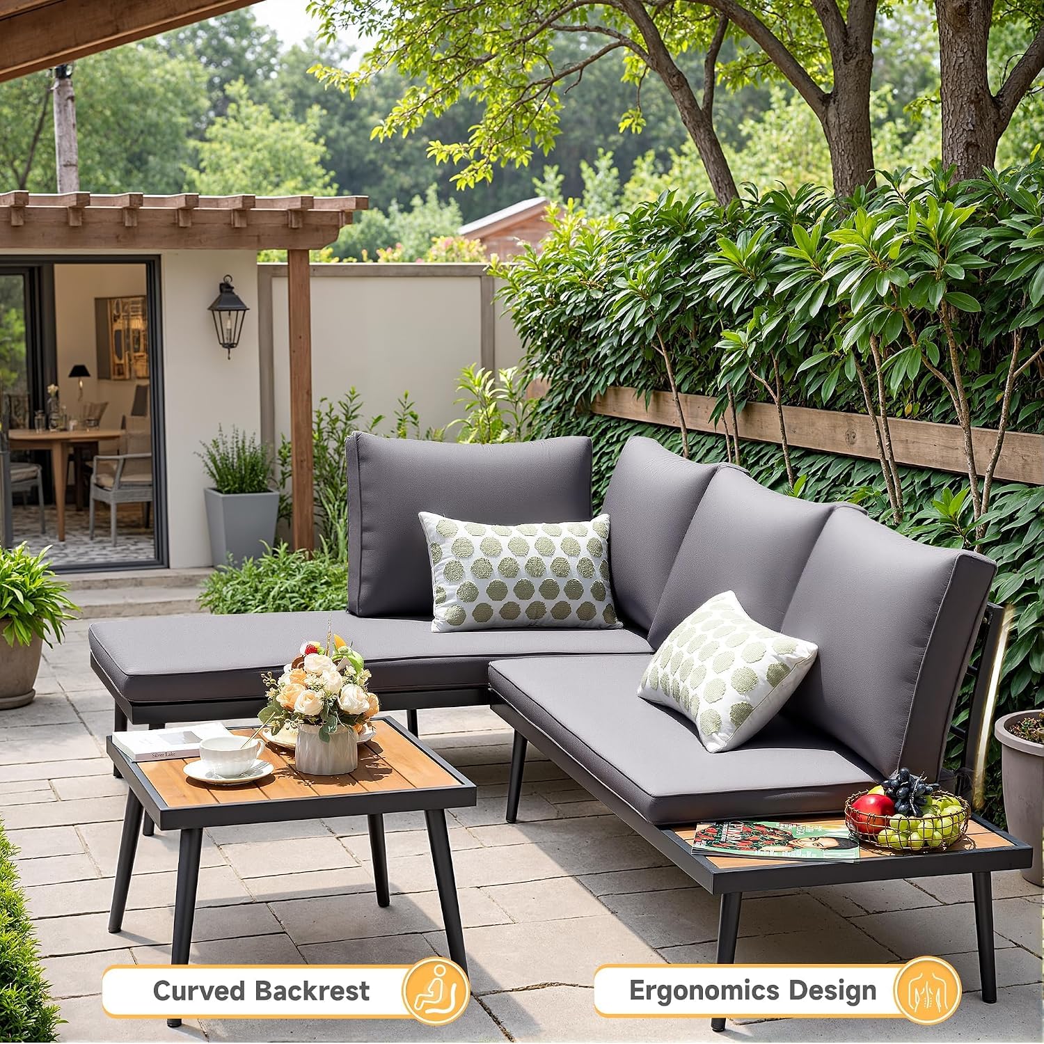 Devoko Patio Furniture Set,6 Pieces Outdoor Sectional Sofa with Cup Holder and 7.87in Wider Armrest, PE Wicker Backyard Couch Set with Coffee Table&Glass Tabletop for Deck, Porch