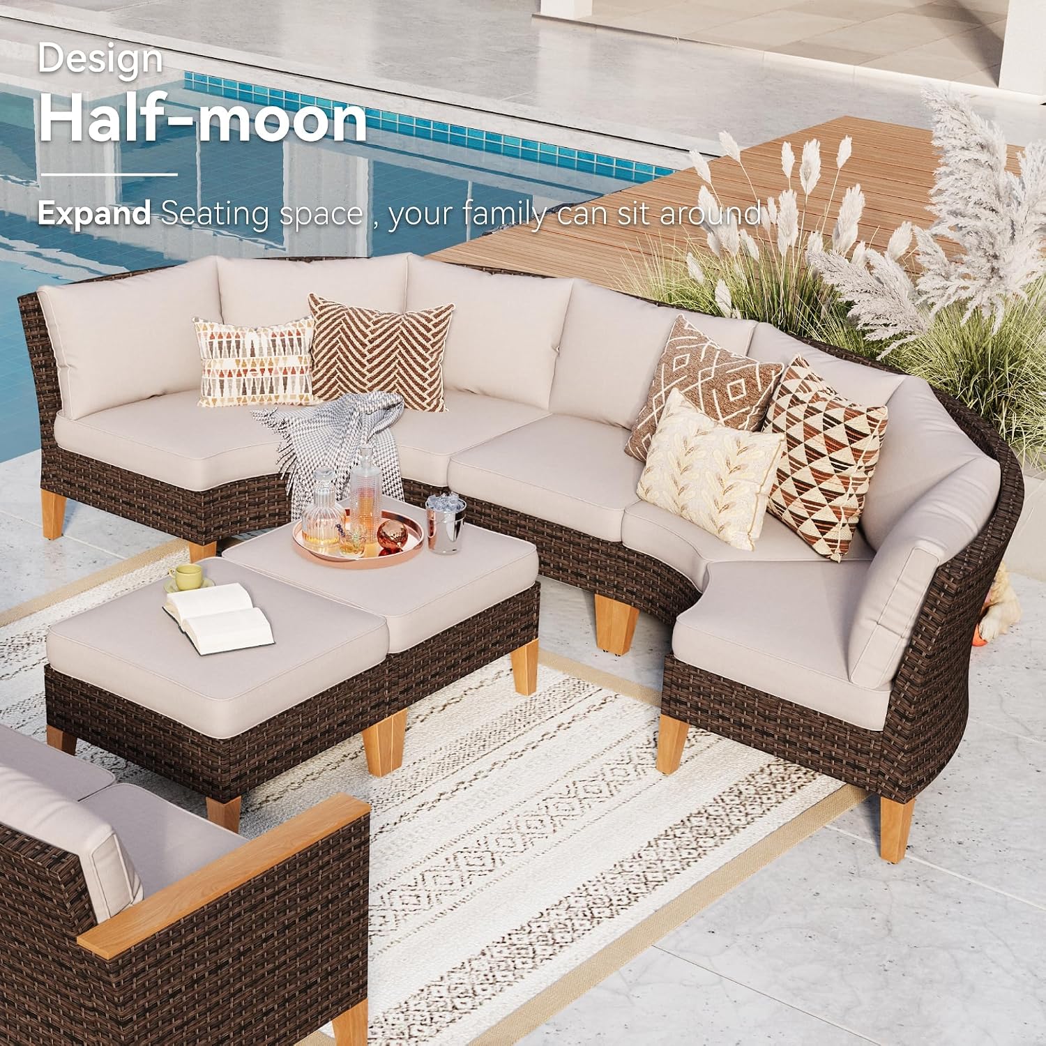GREEN PARTY 7 Pieces Wicker Patio Furniture Set, All-Weather Outdoor Rattan Half-Moon Patio Curved Sectional Sofa Conversation Set for Garden, Backyard, 2 x Ottomans