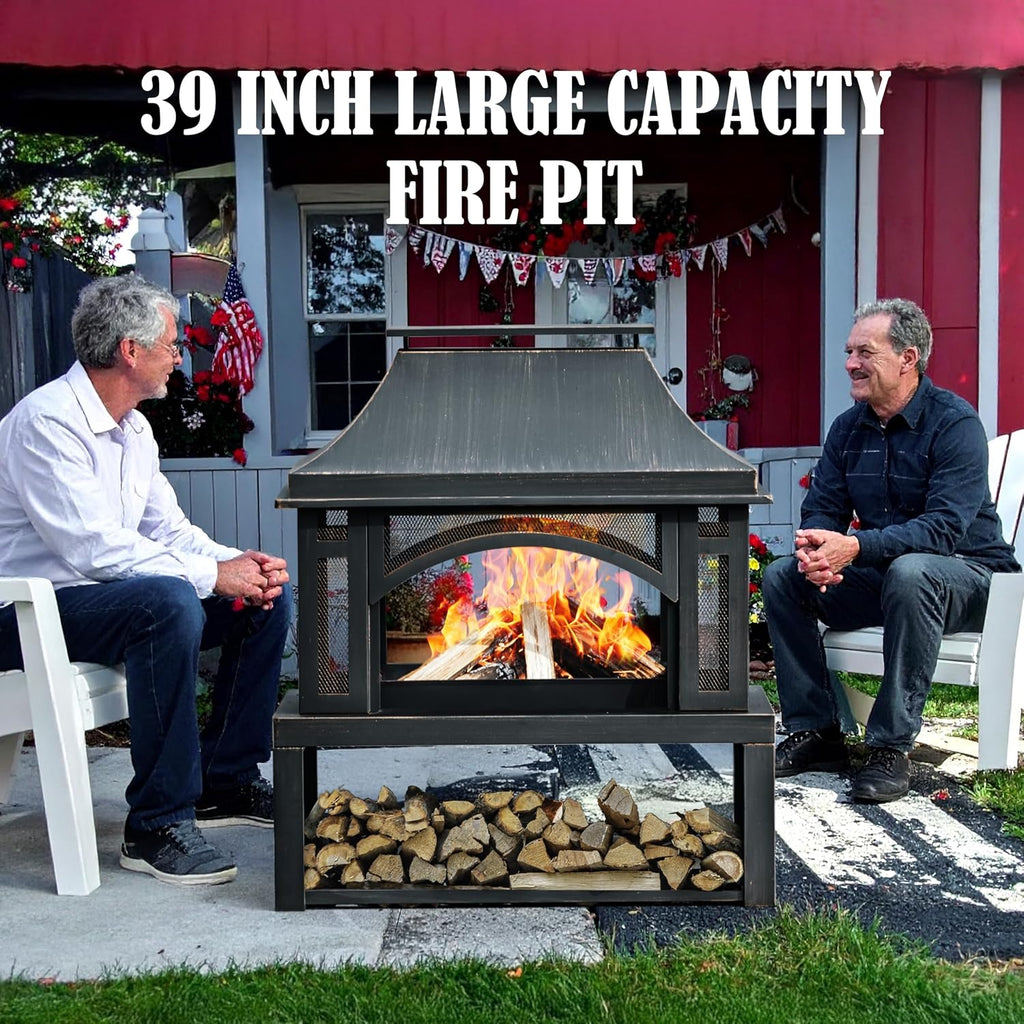39' Fire Pits with Wood Storage for Outside, Large Wood Burning Outdoor Fireplace with Chimney, Mesh Spark Screen & Fire Poker, Idea for Backyard, Patio, Party, Camping, Picnic
