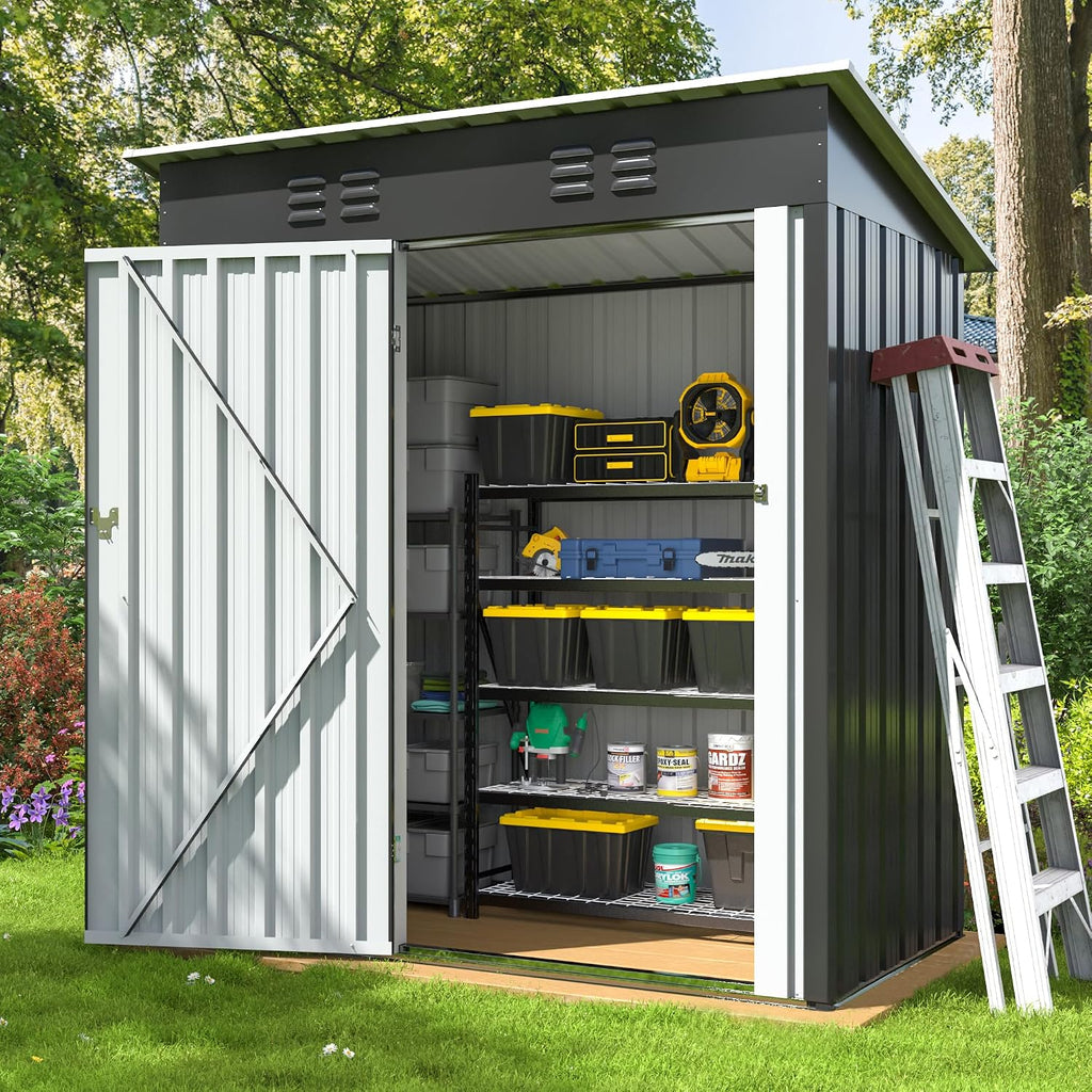 AirWire 5x3 FT Outdoor Storage Shed, Garden Shed with Updated Frame Structure and Lockable Doors, Metal Tool Sheds for Backyard Garden Patio Lawn, Grey