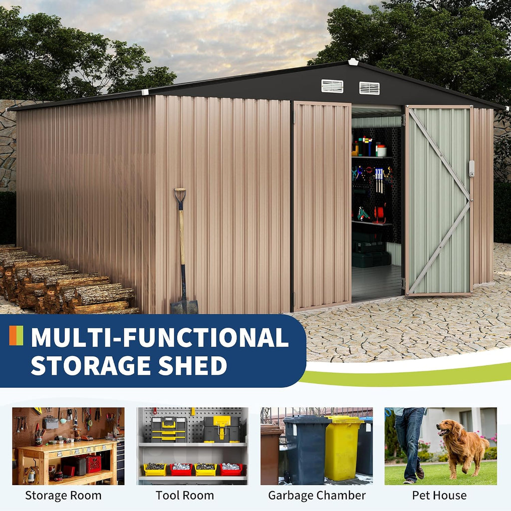 GarveeLife 10x12x6.4 ft Outdoor Storage Sheds with Floor, Metal Garden Tool Shed for Backyard, Large Metal Sheds Outdoor Storage With Lockable Doors & Air Vents for Backyard Garden Patio Lawn