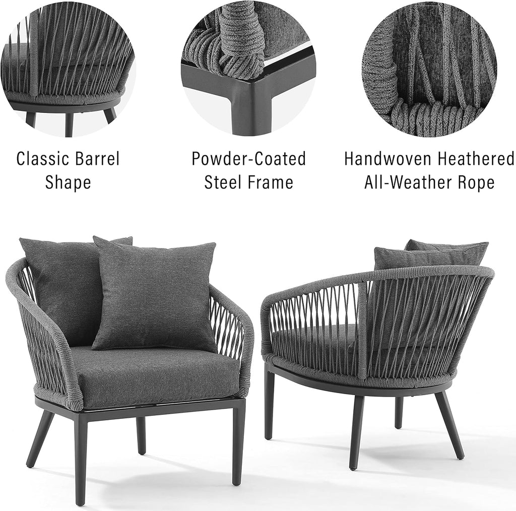 Crosley Furniture Dover 2-Piece Indoor Outdoor Chair Set, Patio Chairs for Conversation, Porch, Deck, Matte Black with Charcoal Cushions