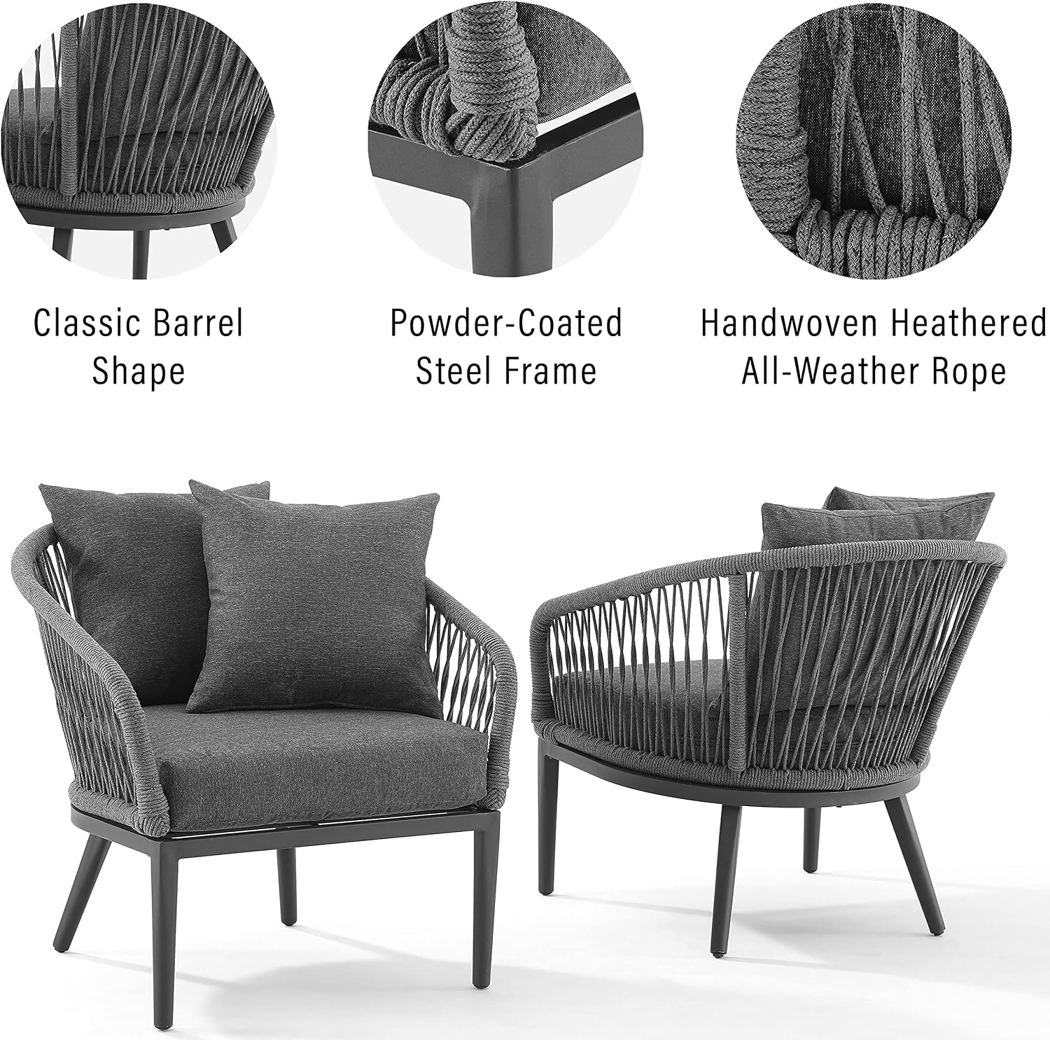 Crosley Furniture Dover 2-Piece Indoor Outdoor Chair Set, Patio Chairs for Conversation, Porch, Deck, Matte Black with Charcoal Cushions