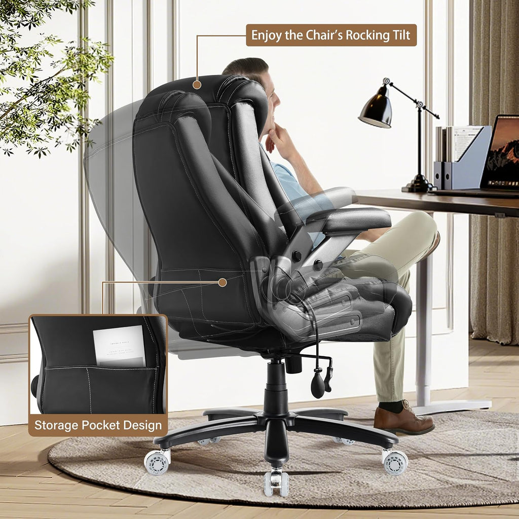 700lbs Big and Tall Office Chair-Adjustable Lumbar Support, Ergonomic PU Heavy Duty Executive Office Chair with 5D Flip Arms&Dual Rubber Wheel,Large Thick Padded Extra Wide Seat Game Chair,Black