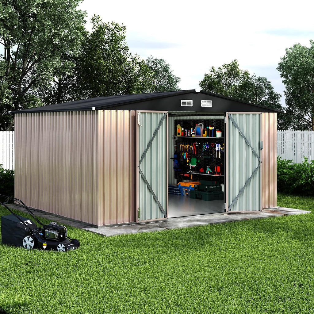 GarveeLife 10x12x6.4 ft Outdoor Storage Sheds with Floor, Metal Garden Tool Shed for Backyard, Large Metal Sheds Outdoor Storage With Lockable Doors & Air Vents for Backyard Garden Patio Lawn