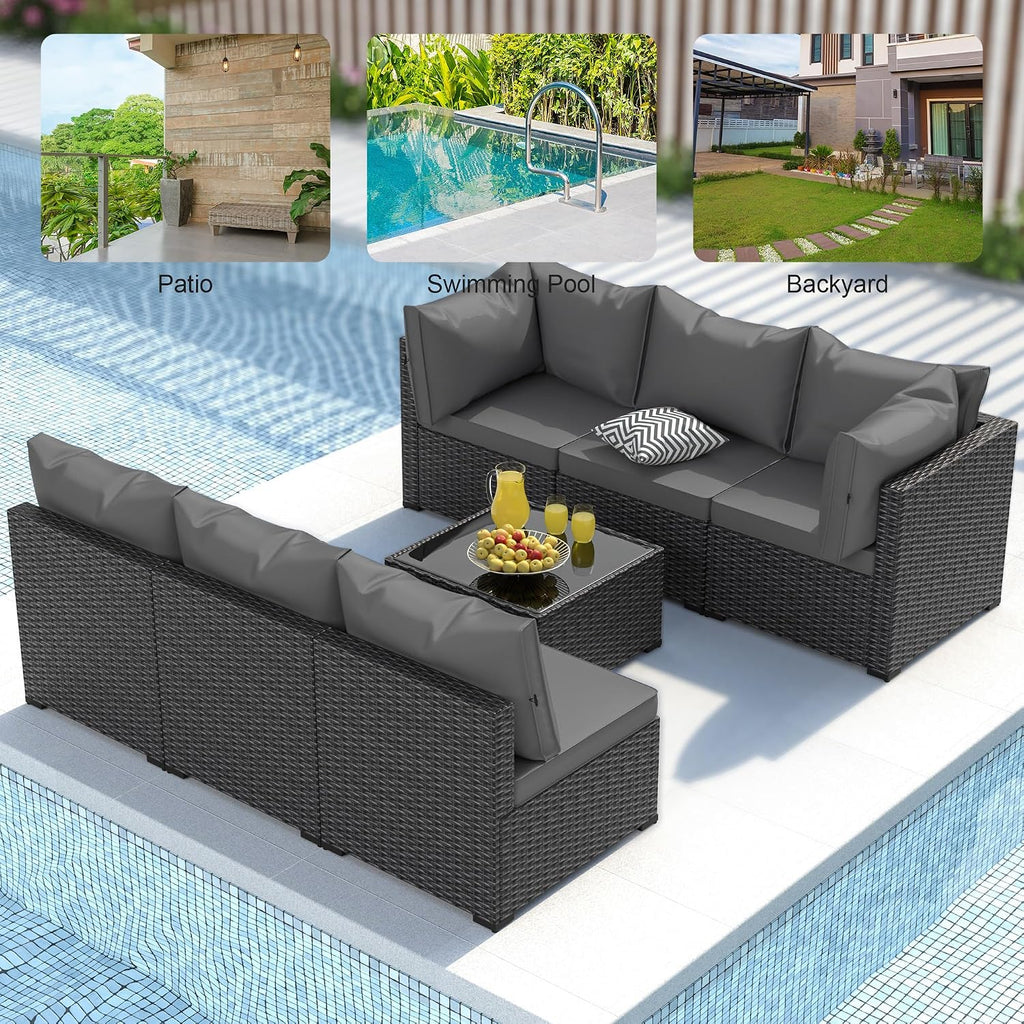 Patio Furniture Set, 7PCS Outdoor Sectional PE Rattan Patio Conversation Set w/Thickened Cushion Modular Wicker Patio Sofa Set w/Coffee Table for Balcony, Backyard(Grey)
