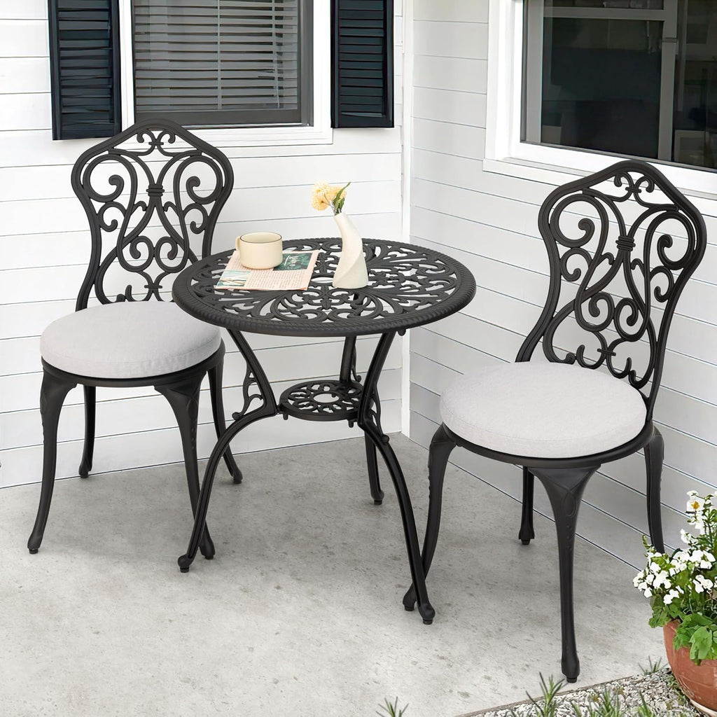 NUU GARDEN 3 Pieces Patio Bistro Set, Outdoor Bistro Set with 2 Chairs, Round Table with Umbrella Hole, Outdoor Bistro Set with Umbrella Hole and Grey Cushions, Black