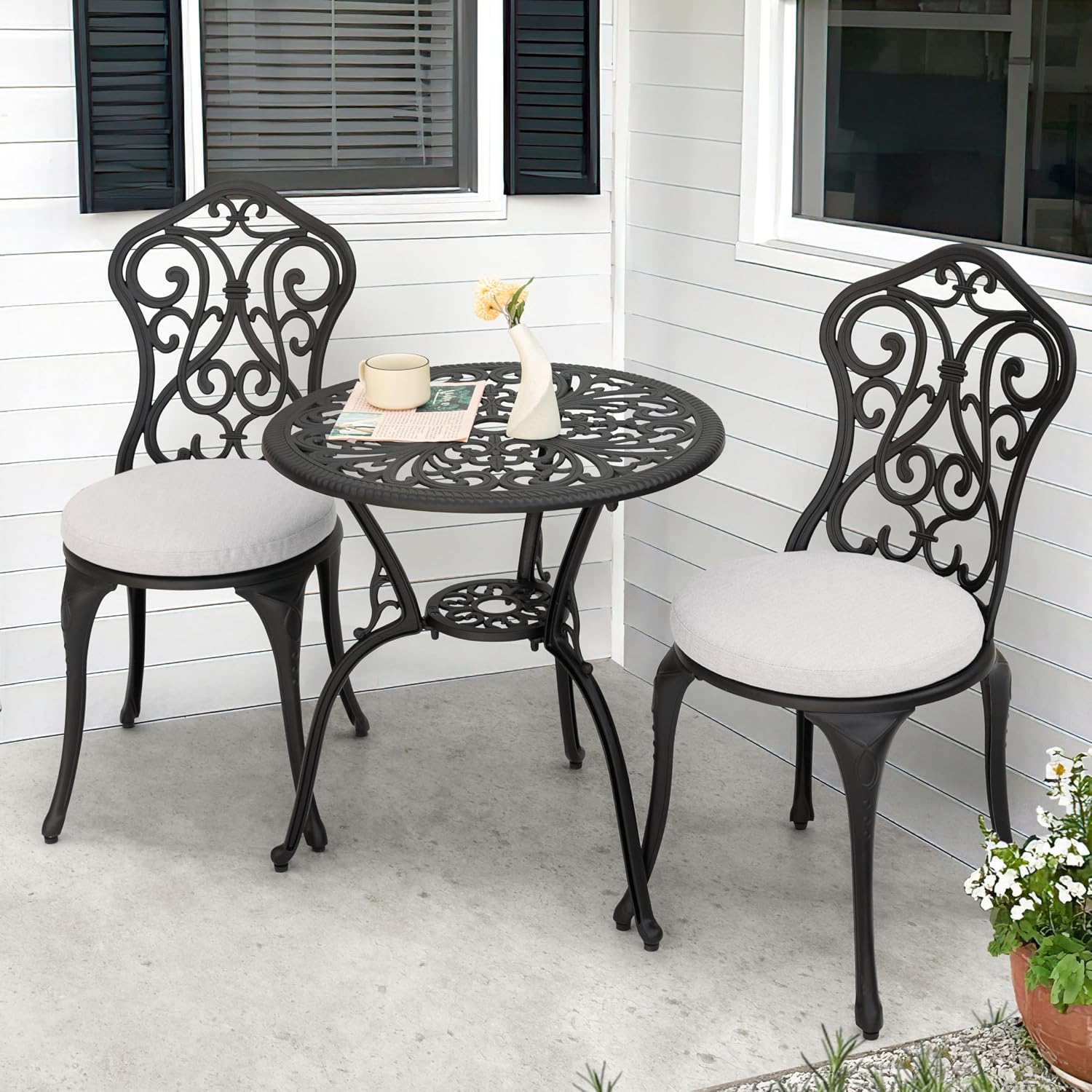 NUU GARDEN 3 Pieces Patio Bistro Set, Outdoor Bistro Set with 2 Chairs, Round Table with Umbrella Hole, Outdoor Bistro Set with Umbrella Hole and Grey Cushions, Black