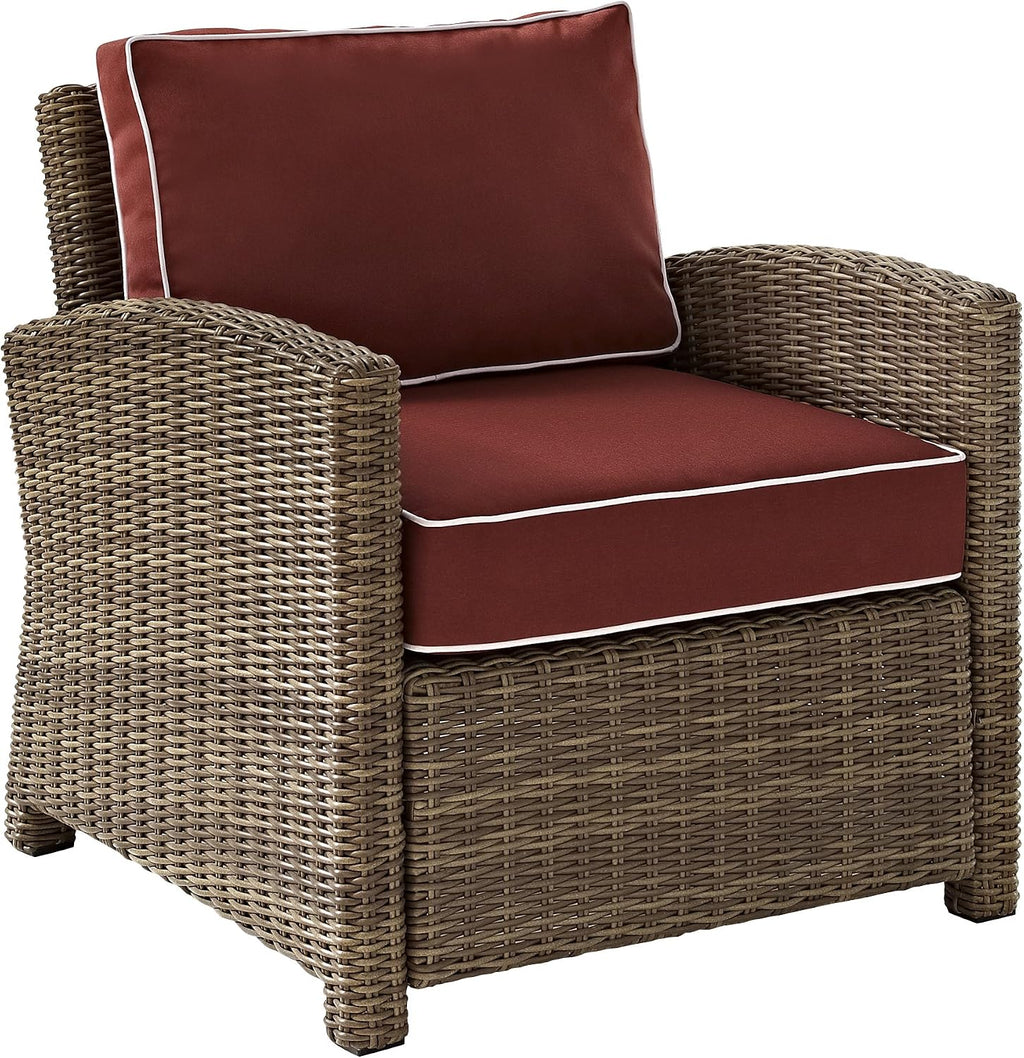 Crosley Furniture Bradenton 4-Piece Outdoor Loveseat Patio Furniture Set, Wicker Conversation Sets for Porch, Brown with Sangria Cushions