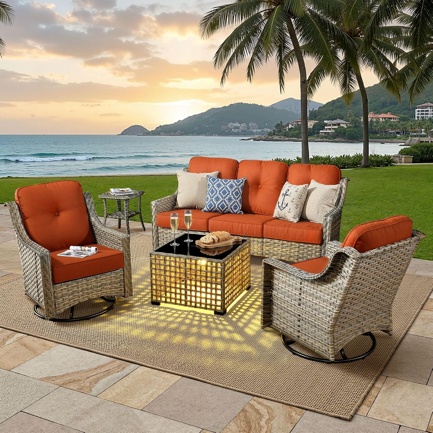 ovios 5 Piece Outdoor Patio Furniture with 3 Seat Sofa,Rattan Wicker Coversation Set with Swivel Rocking Chair,Balcony Sofa Set with Shiny Table for Outside Porch Backyard Pool, Orange