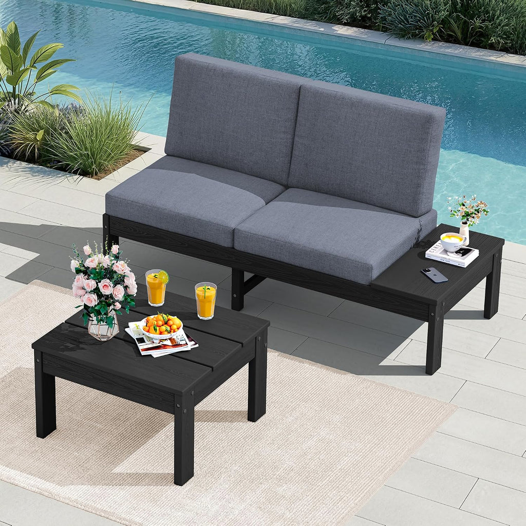 SERWALL HDPE Outdoor Furniture Set, 2 Seats Outdoor Sectional with Coffee Table, All Weather Patio Sofas, Outdoor Conversation Sets with Adjustable Backrest Sofa for Backyard, Garden, Black with Grey