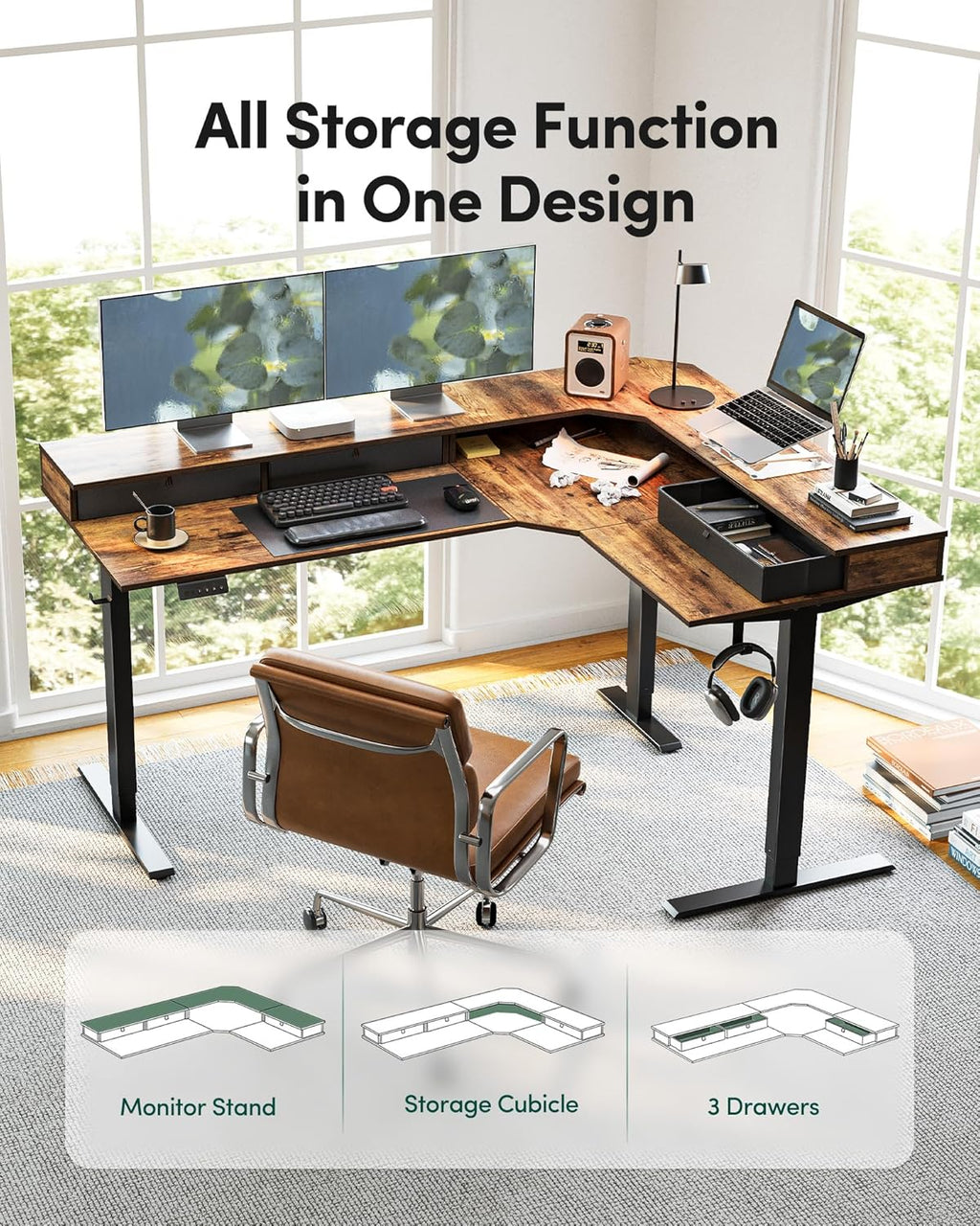 FEZIBO L Shaped Electric Standing Desk, 63x48 inch Large with Drawers | Reversible Tabletop, 2 Memory Height Settings | Home Office & Gaming Height-Adjustable Table, Rustic Brown（2 Packages）