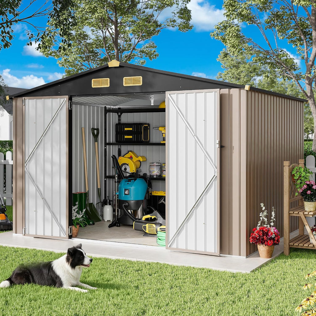 IRONCK 10x8FT Outdoor Storage Shed with Breathable Vent, 9.4x7.3FT Base Galvanized Steel Metal Tool Shed with Lockable Doors for Yard Bins/Generator/Wheelbarrow Garden Storage, Brown
