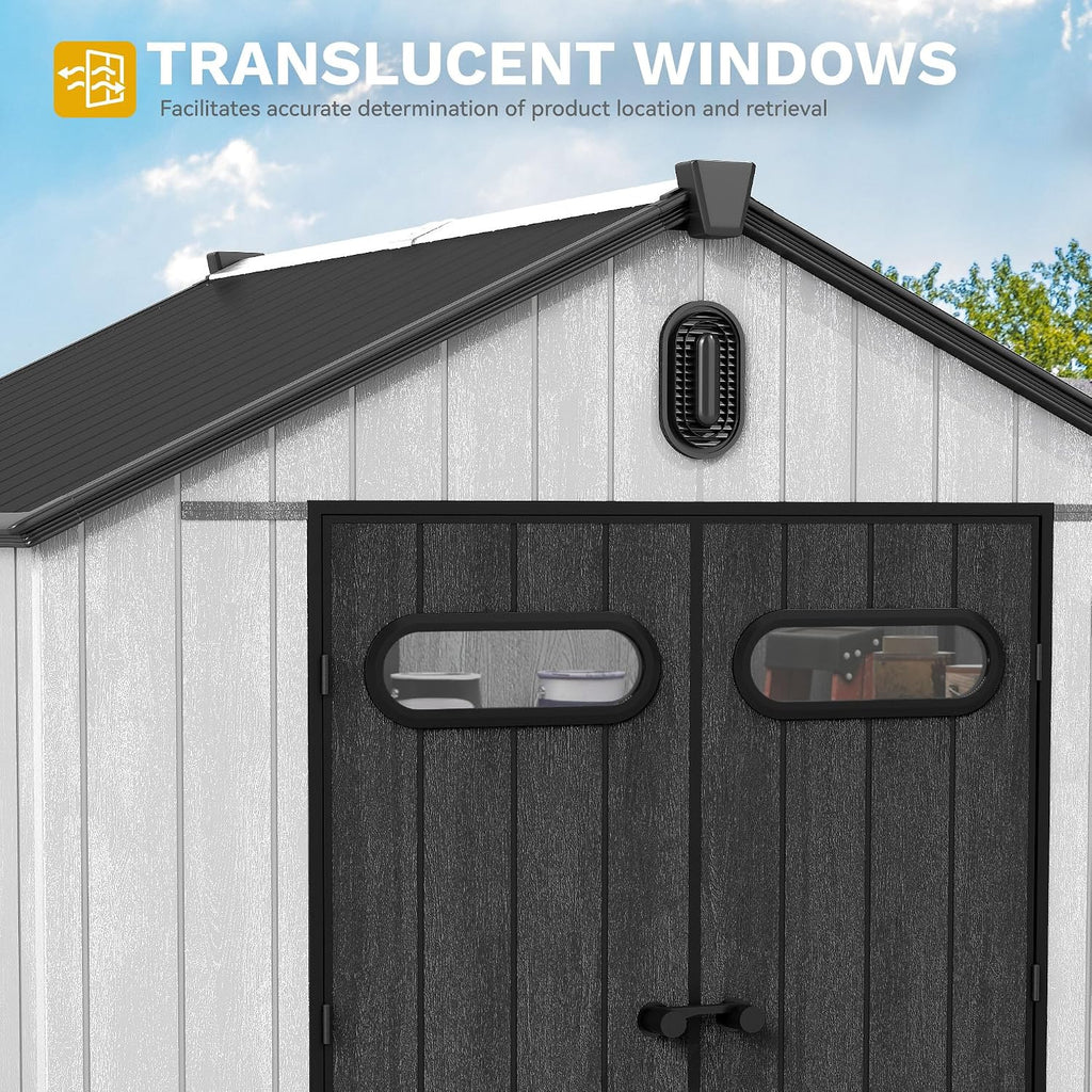 DWVO 8x10 FT Outdoor Storage Shed, 544 cuft Large Plastic Storage Shed with Floor & Lockable Door, Outside Tool Garden Shed with Windows & Vents for Patio Furniture/Lawn Mower, Black&Gray