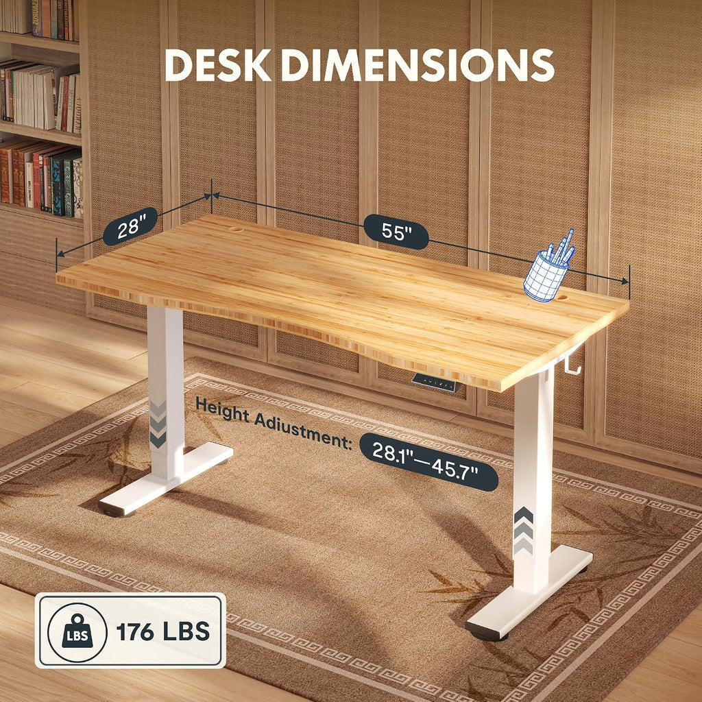 FLEXISPOT Solid Wood Standing Desk, One-Piece Real Wood Desktop, Electric Height Adjustable Desk for Home Office, 176 LBS Capacity (55'x28' Curved Bamboo, White Frame)