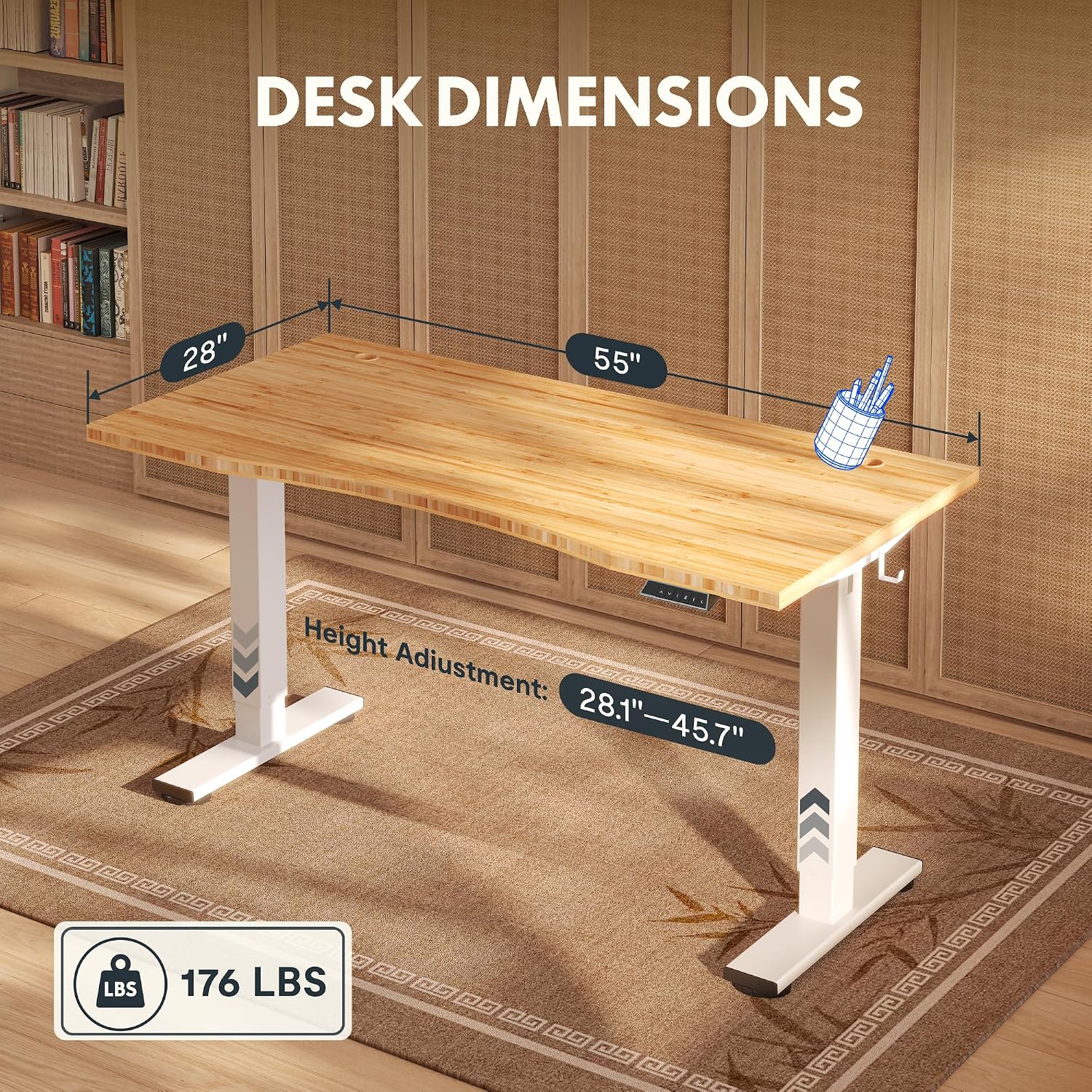 FLEXISPOT Solid Wood Standing Desk, One-Piece Real Wood Desktop, Electric Height Adjustable Desk for Home Office, 176 LBS Capacity (55'x28' Curved Bamboo, White Frame)