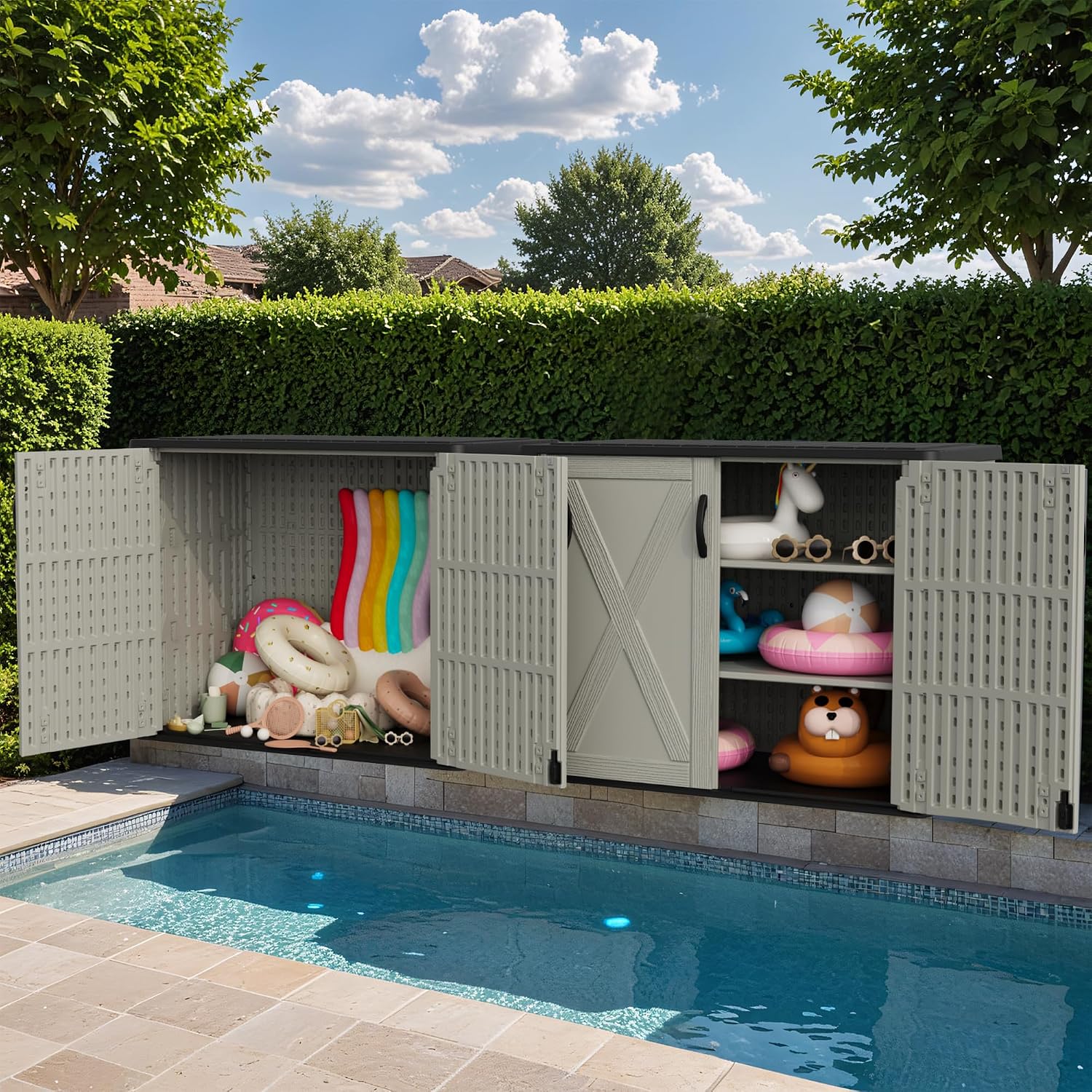 Greesum Outdoor Storage Cabinet, 25 CUFT Deck Box Without Shelves, Waterproof Plastic Storage Shed for Patio Cushions, Gardening Tools, Lockable and Sidehandles, UV Resistant, Beige