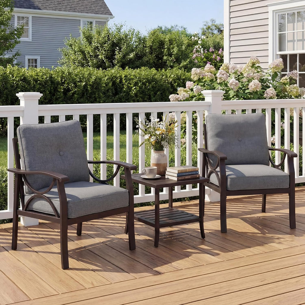 FansaFurn Outdoor Patio Furniture Set, 3 Pieces Metal Patio Conversation Set with Side Table for Backyard Garden Porch, Grey