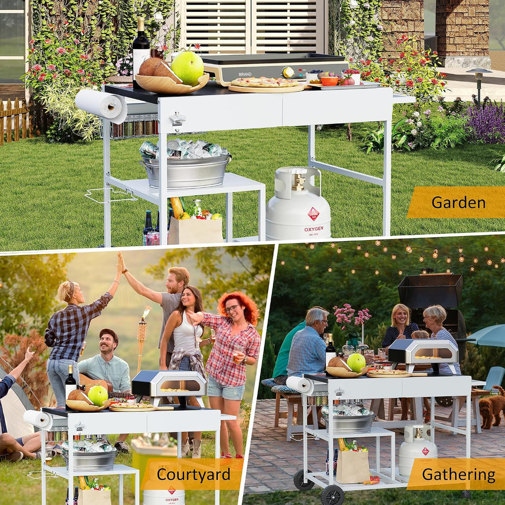 JY QAQA Pizza Oven Table Grill Cart with Condiment Shelf, Outdoor Cooking Cart, Grill Worktable for Patio, Food Prep Station Fits Ninja Woodfire Grill, Cuisinart Grill, Blackstone Griddle etc Grill