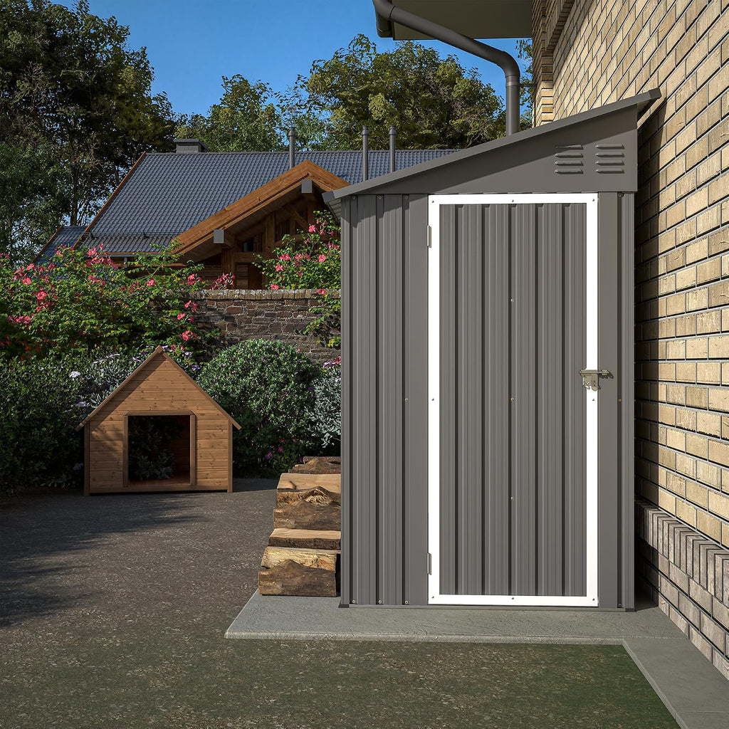 YOPTO 4x8 FT Lean to Metal Shed,Outdoor Storage Shed W/Floor Frame & Reversible Installation,All Weather Waterproof Garden Tool House W/Lockable Door & 2 Air Vents,for Backyard,Patio,Lawn,Gray