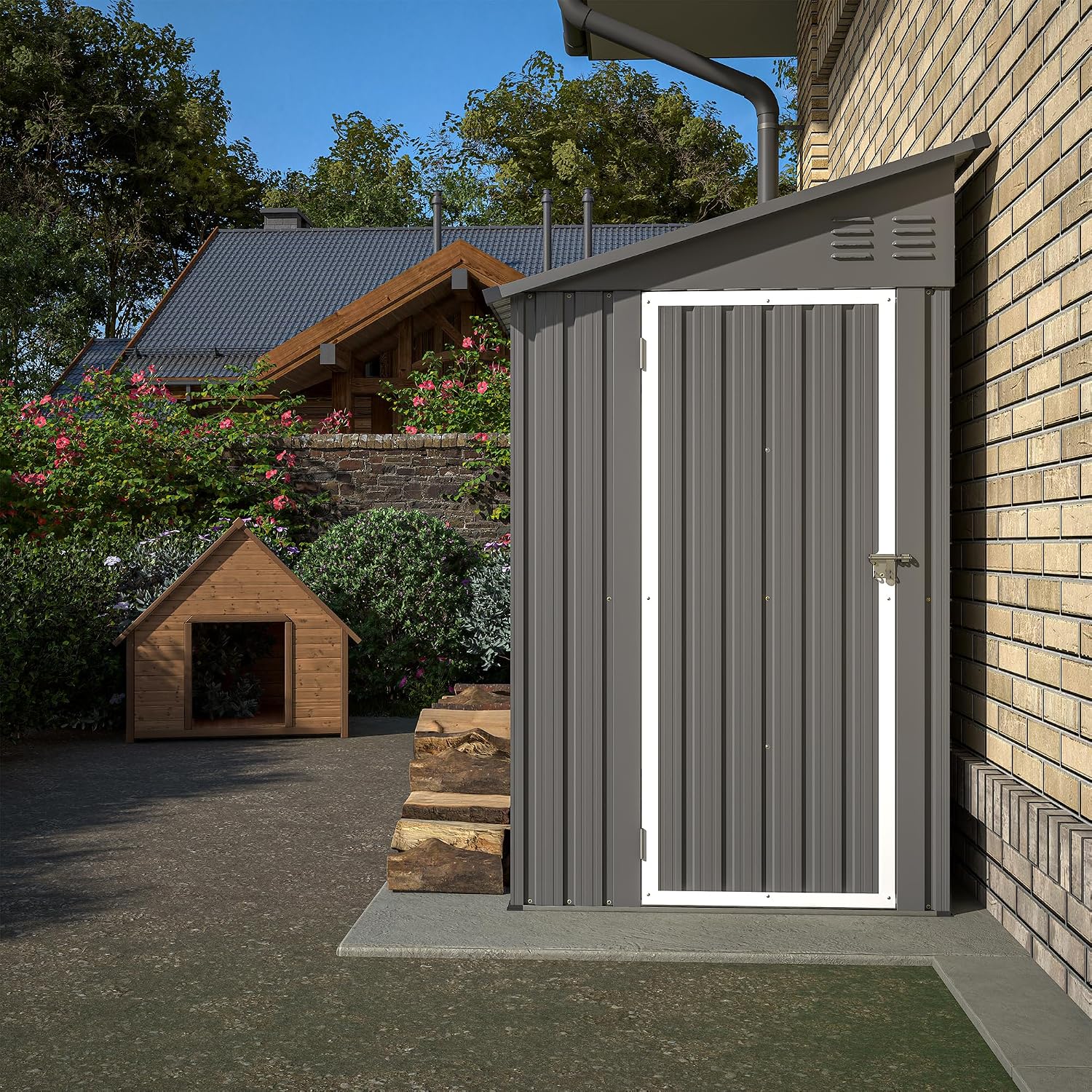 YOPTO 4x8 FT Lean to Metal Shed,Outdoor Storage Shed W/Floor Frame & Reversible Installation,All Weather Waterproof Garden Tool House W/Lockable Door & 2 Air Vents,for Backyard,Patio,Lawn,Gray