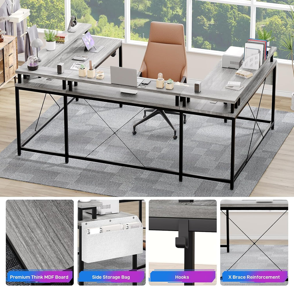 Garvee 79 Inch u Shaped Computer Desk,Large Gaming Desk with Power Outlets & LED Lights,Reversible l Shaped Desk for Home Office Work and Gaming,Gray