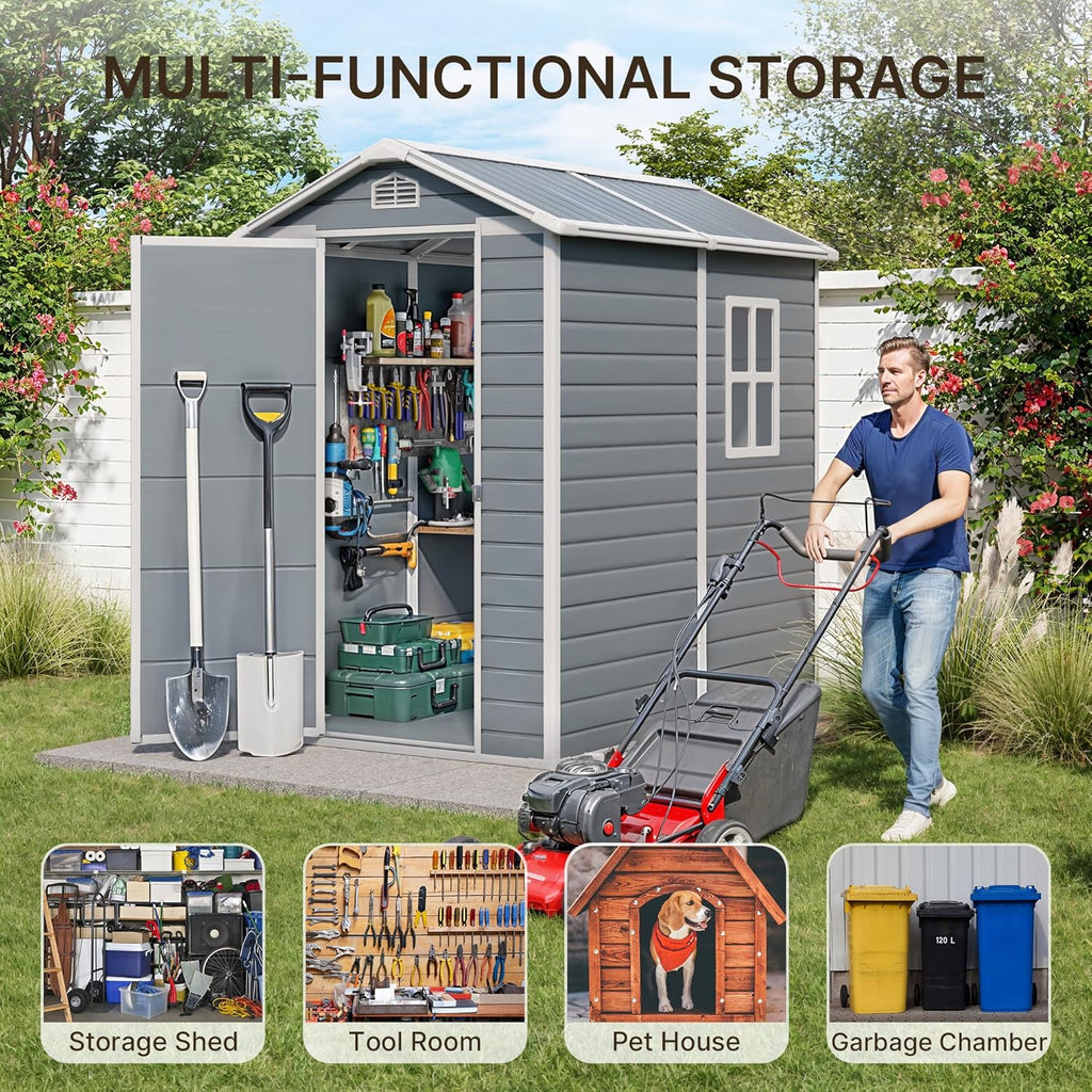 Gizoon 6x4 FT Outdoor Storage Shed with Floor, Resin Garden Tool Shed with Lockable Doors, Window, Vents, Reinforced Steel Frame, Waterproof Plastic Storage Sheds for Backyard, Patio, Lawn