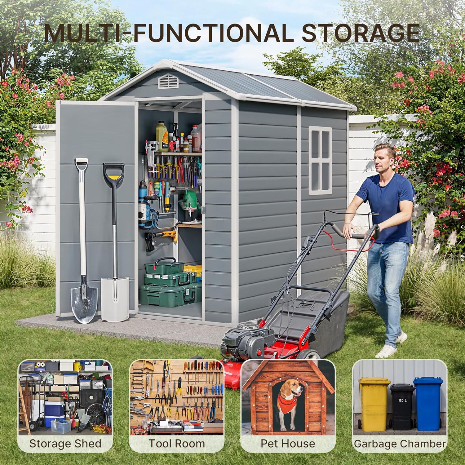 Gizoon 6x4 FT Outdoor Storage Shed with Floor, Resin Garden Tool Shed with Lockable Doors, Window, Vents, Reinforced Steel Frame, Waterproof Plastic Storage Sheds for Backyard, Patio, Lawn
