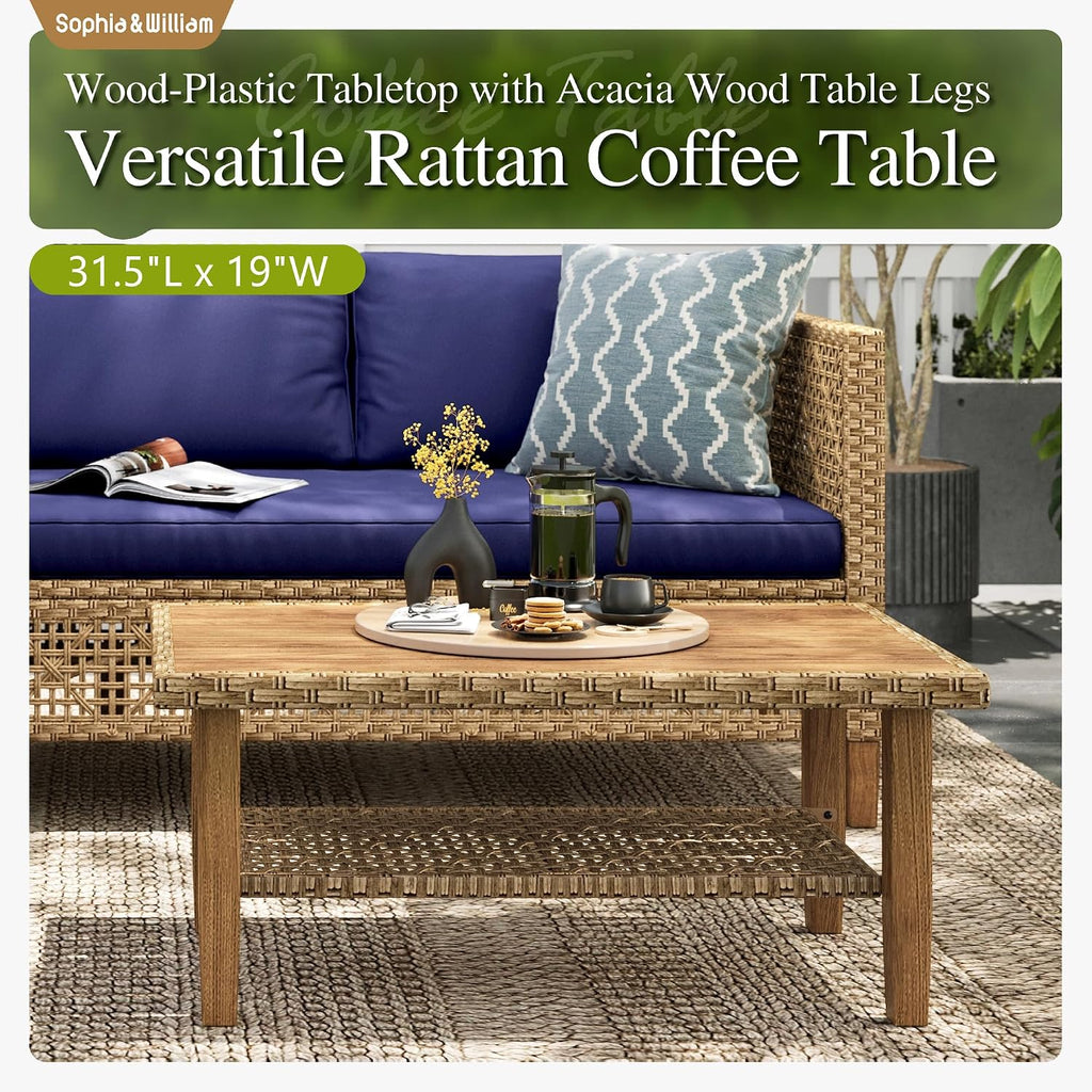 Sophia and William Boho Wicker Patio Furniture Set, Outdoor Rattan Sectional Sets Conversation Set - Weather-Resistant, with Dual Storage Coffee Table Acacia Wood Legs for Garden, Patio & Deck(Blue)