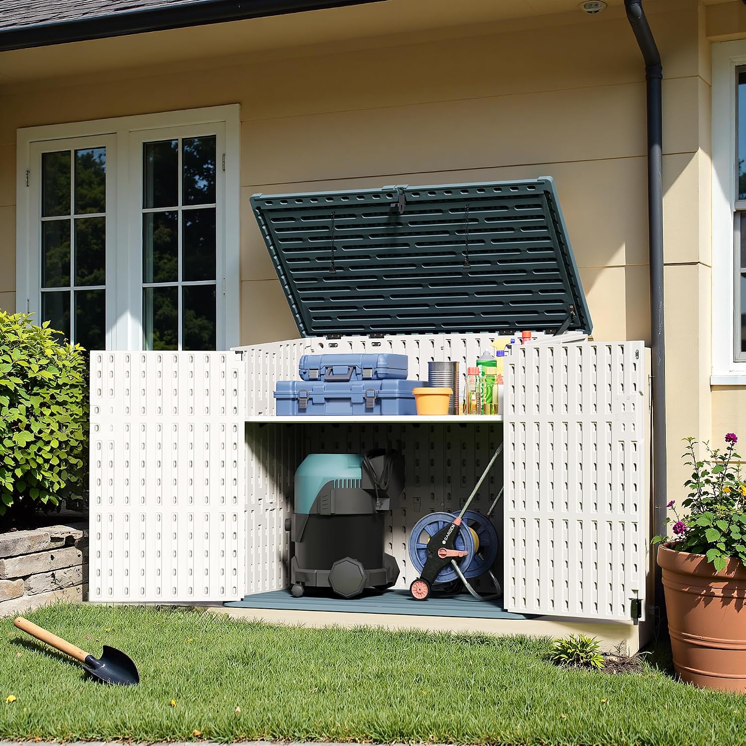 Greesum Outdoor Trash Can Storage Shed, 34 Cu.ft Horizontal Outdoor Storage Cabinet, Waterproof for Garden, Pool Storage, Garbage Cans, Beige