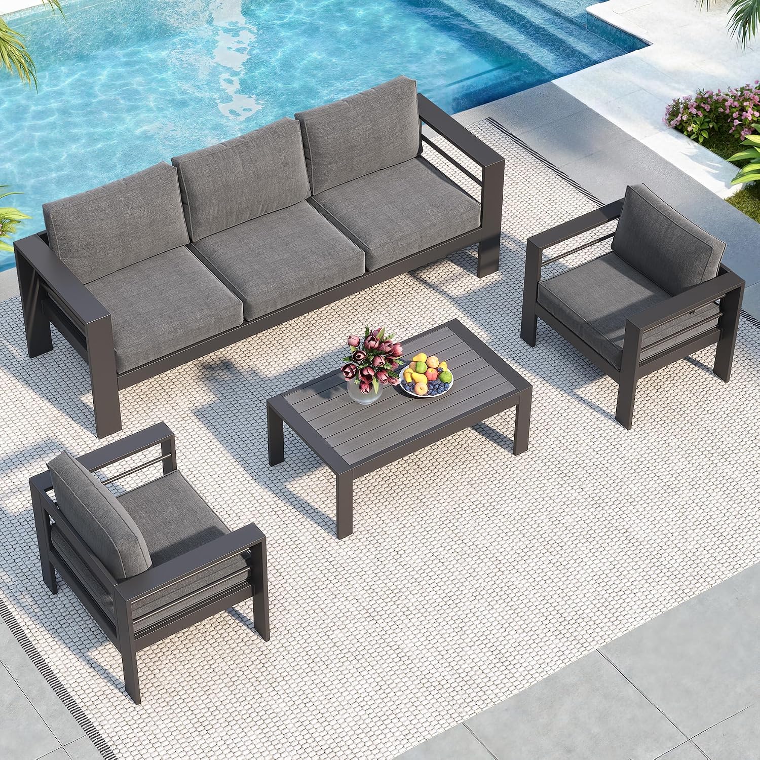 Solaste Aluminum Patio Furniture Set for All Weather, Oversized Metal Outdoor Furniture Set with 27.5' Deep Seating and 3.2' Wide Armrest, Outdoor Patio Conversation Sets with 10' Back Cushion, Gray
