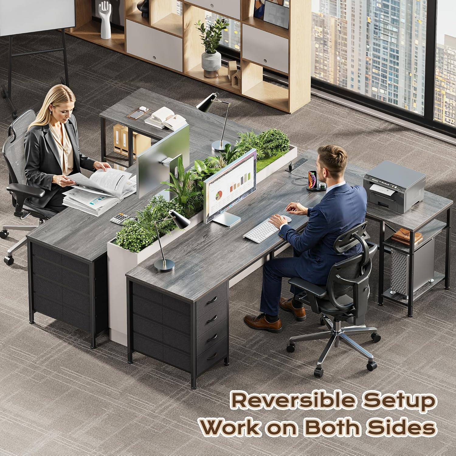 Huuger 63 Inch L Shaped Desk with Fabric Drawers, Reversible Computer Gaming Desk with Power Outlets and USB-C Port, Adjustable Side Storage Shelves, for Work Study Corner Home Office, Grey