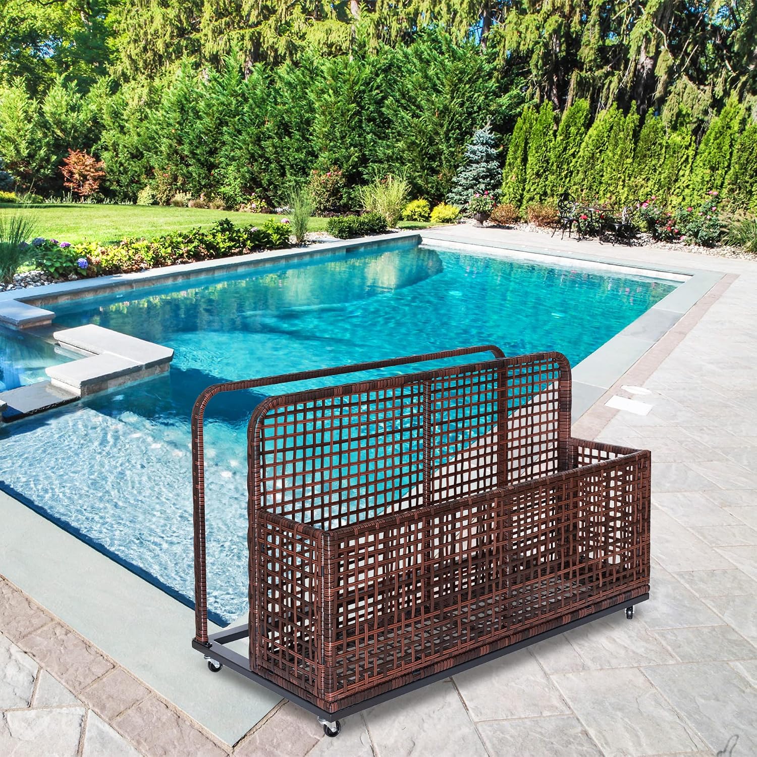 Pool Float Storage, Outdoor Storage, Patio Poolside Float Storage Box, PE Rattan Outdoor Pool Caddy with Rolling Wheels, Floaties, Patio,Beach-Sturdy & Movable