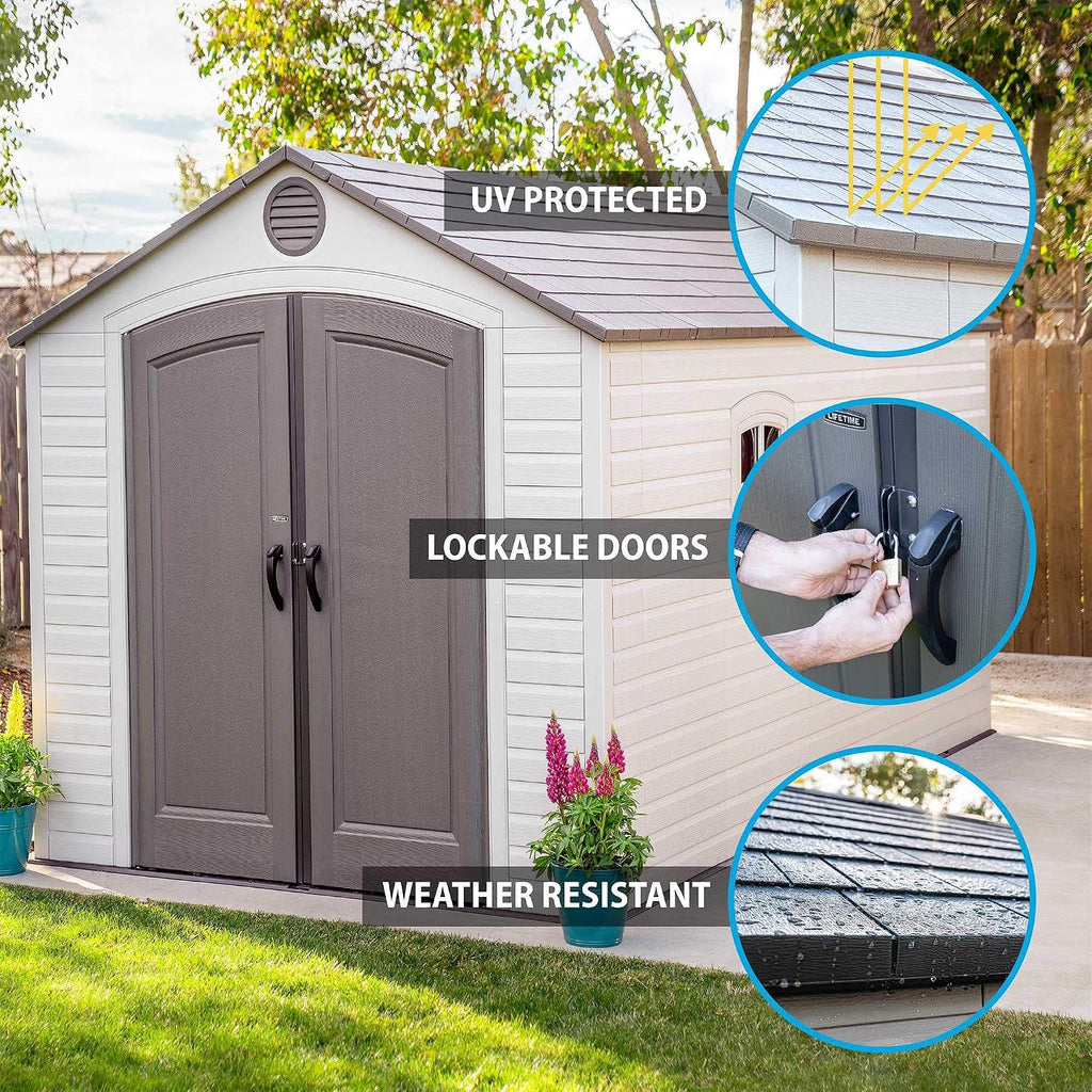Lifetime 60075 Outdoor Storage Shed, 8x15 Ft, Desert Sand, Resin Backyard Tool Shed with Lockable Doors and Weather-Resistant Panels