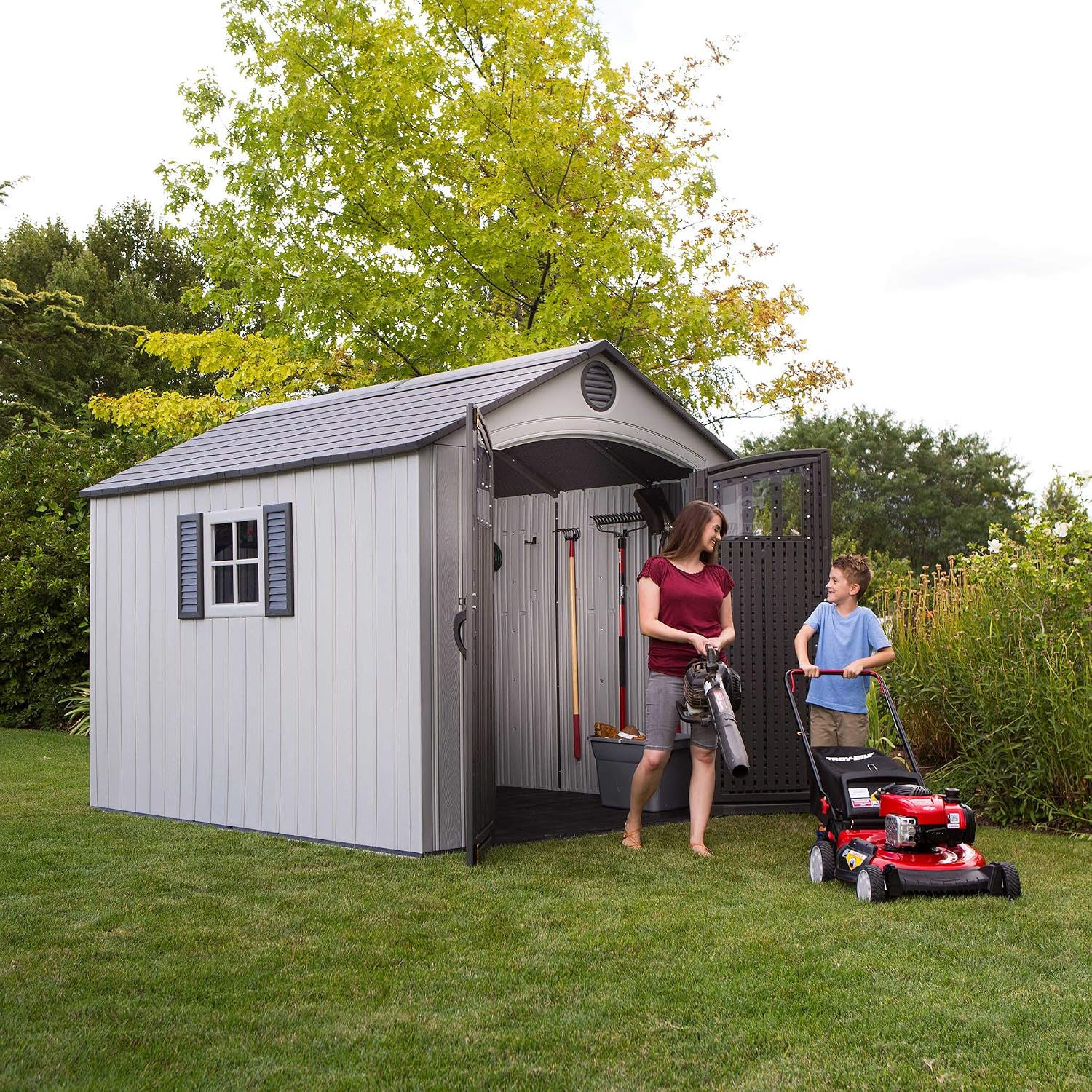 Lifetime 8 x 10 Ft Outdoor Storage Shed, Dual-Wall HDPE Construction, Steel-Reinforced, Skylight and Window, Lockable Doors, UV-Protected Gray Finish