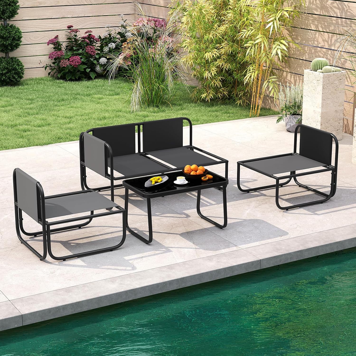 Tangkula 4 Pieces L Shaped Patio Furniture Set, Outdoor Metal Sectional Sofa Couch with Cushions and Tempered Glass Coffee Table, Outside Conversation Set for Garden, Deck and Yard (Gray,2)