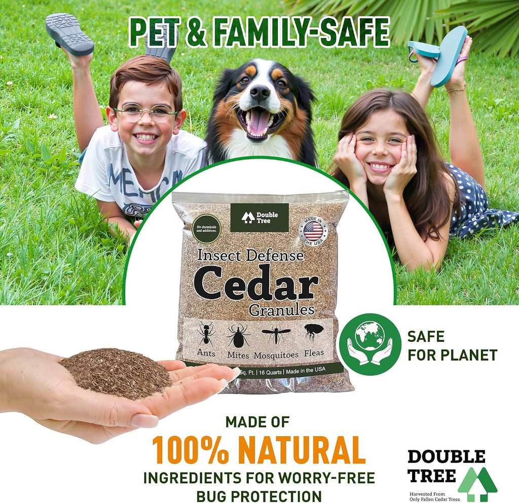 Double Tree Home and Garden Cedar Granules | Repels Fleas, Ticks, Ants, and Mosquitos | Rich Cedar Scent | Non Toxic | Pet Safe | 4 Bags (64 Quarts)