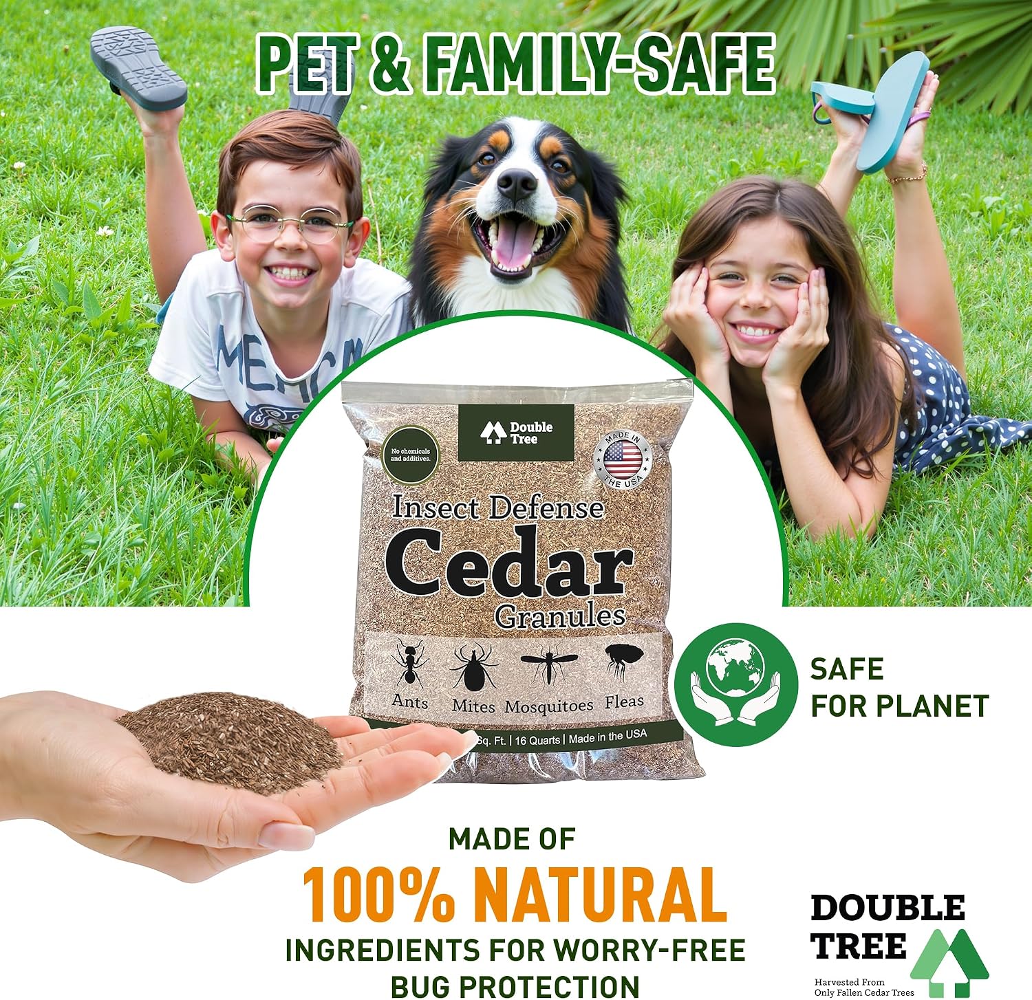 Double Tree Home and Garden Cedar Granules | Repels Fleas, Ticks, Ants, and Mosquitos | Rich Cedar Scent | Non Toxic | Pet Safe | 4 Bags (64 Quarts)