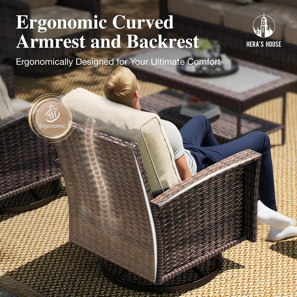 HERA'S HOUSE Patio Furniture Set with Swivel Chairs, High Back Outdoor Wicker Furniture with 5.5' Thick Cushions, Outside Conversation Sofa Sets for Backyard Deck Lawn, Beige