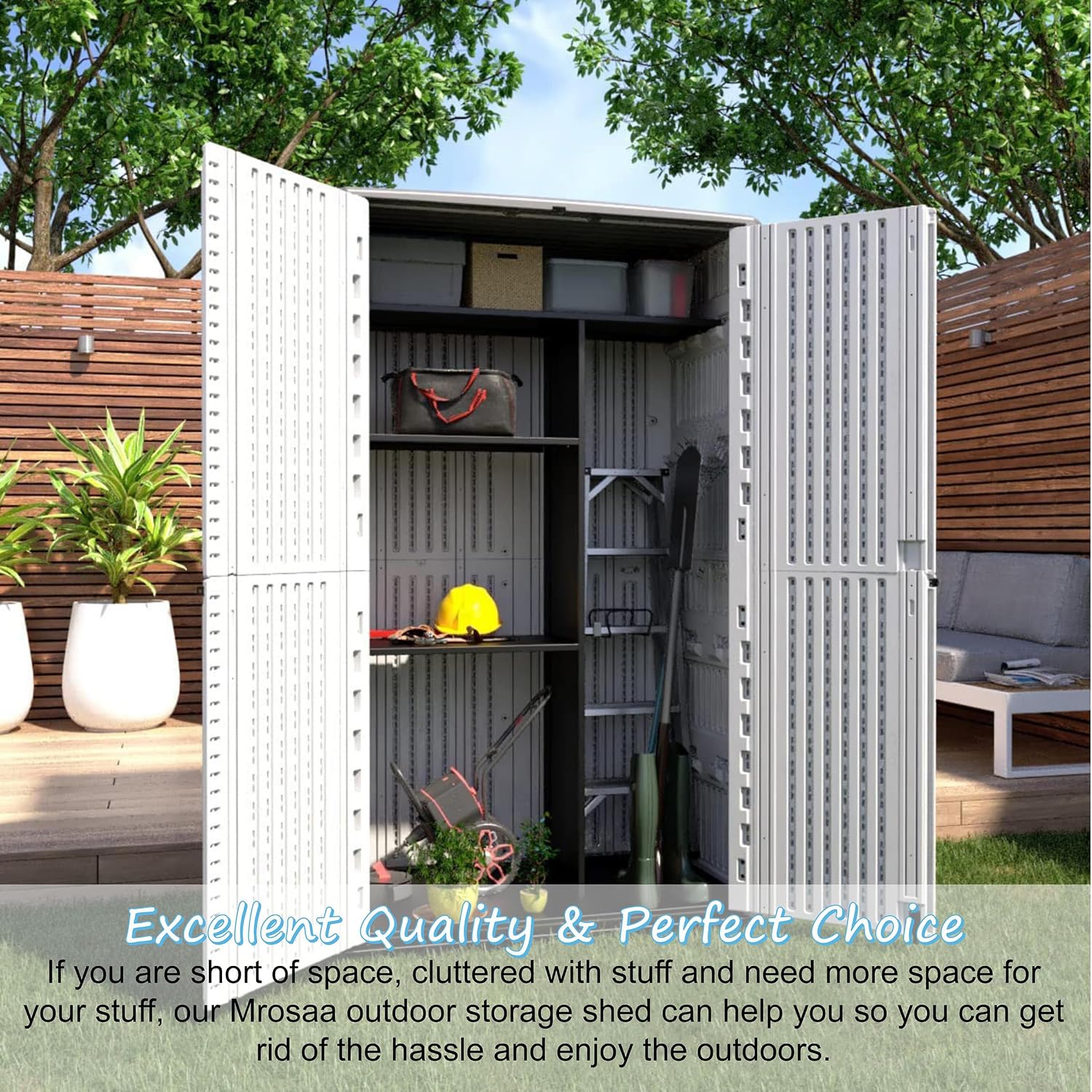 Mrosaa Vertical Resin Storage Shed, 52 Cubic Feet Outdoor Storage Cabinet Waterproof for Garden/Backyard/Home/Pool, Customized Shelves & Lockable(Off White)