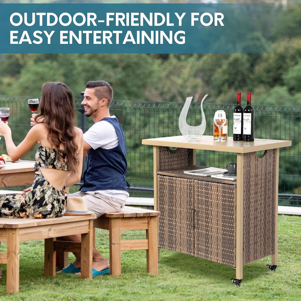 Outdoor Indoor Storage Cabinet with Rolling Wheels, Patio Serving Cart with Bar Table and Wicker Cabinet, Kitchen Island Prep Table, Beige