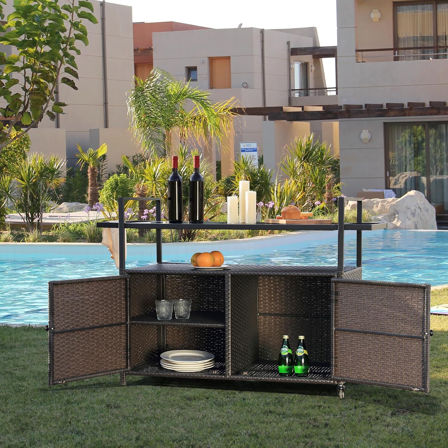 Wicker Outdoor Bar Cart - Brown Patio Console Table Buffet Storage Cabinet Serving Kitchen Cart with Wheels for Outside Backyard