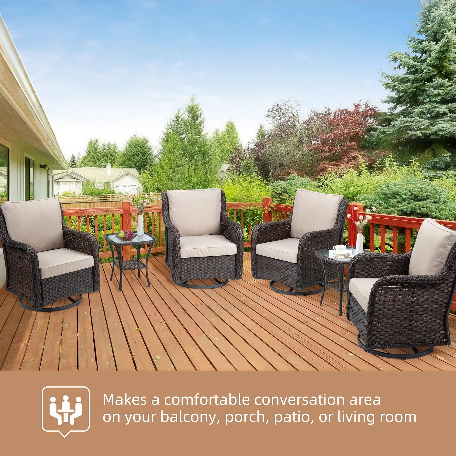 GarveeLife 3 Pieces Outdoor Swivel Chair Set, Upgraded Encrypted Rattan Wicker Swivel Rocker Patio Chairs, Thick Cushion and Side Table for Balcony, Porch, Backyard, Garden, Beige