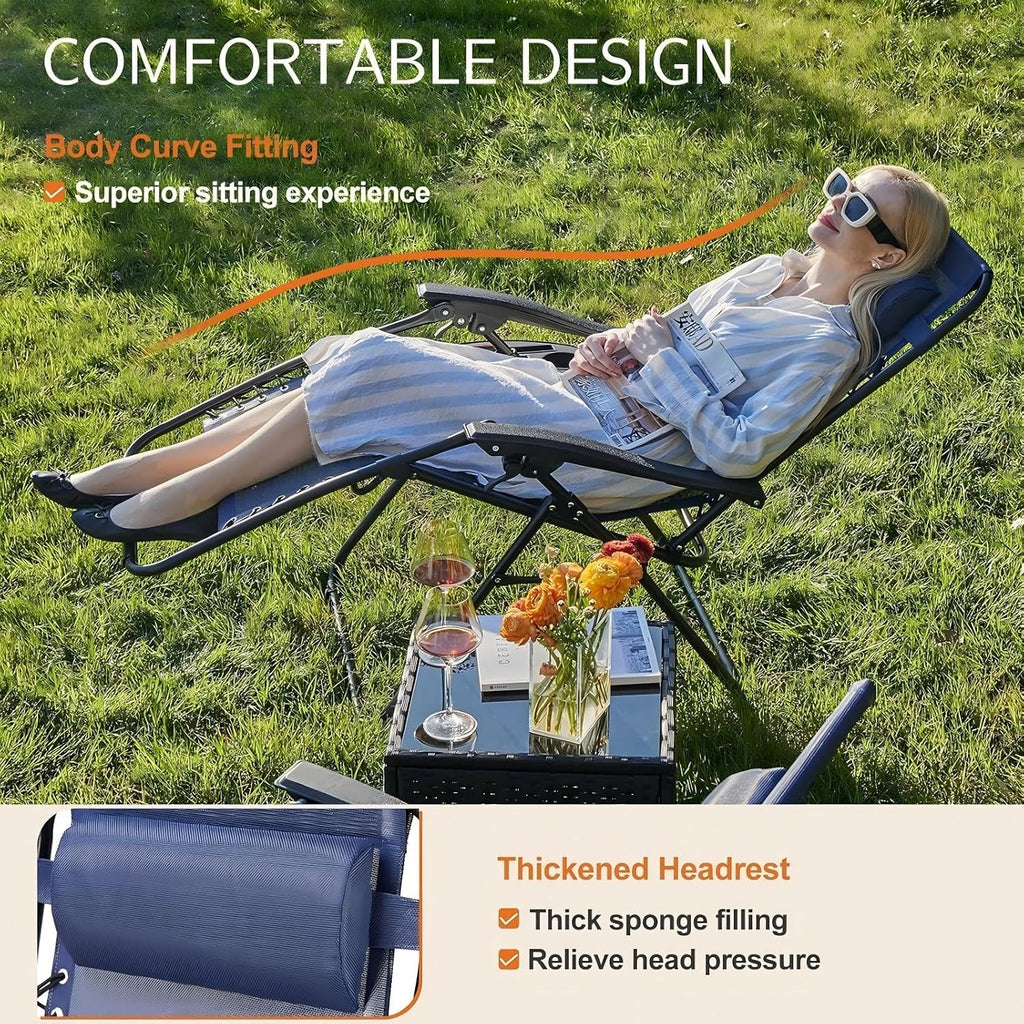 Sweetcrispy Zero Gravity Chairs, Set of 4 Portable Recliner Beach Camping Patio Outdoor Folding Lounge Chair with Cup Holder Trays and Adjustable Pillow for Poolside, Garden, Backyard, Lawn (Blue)