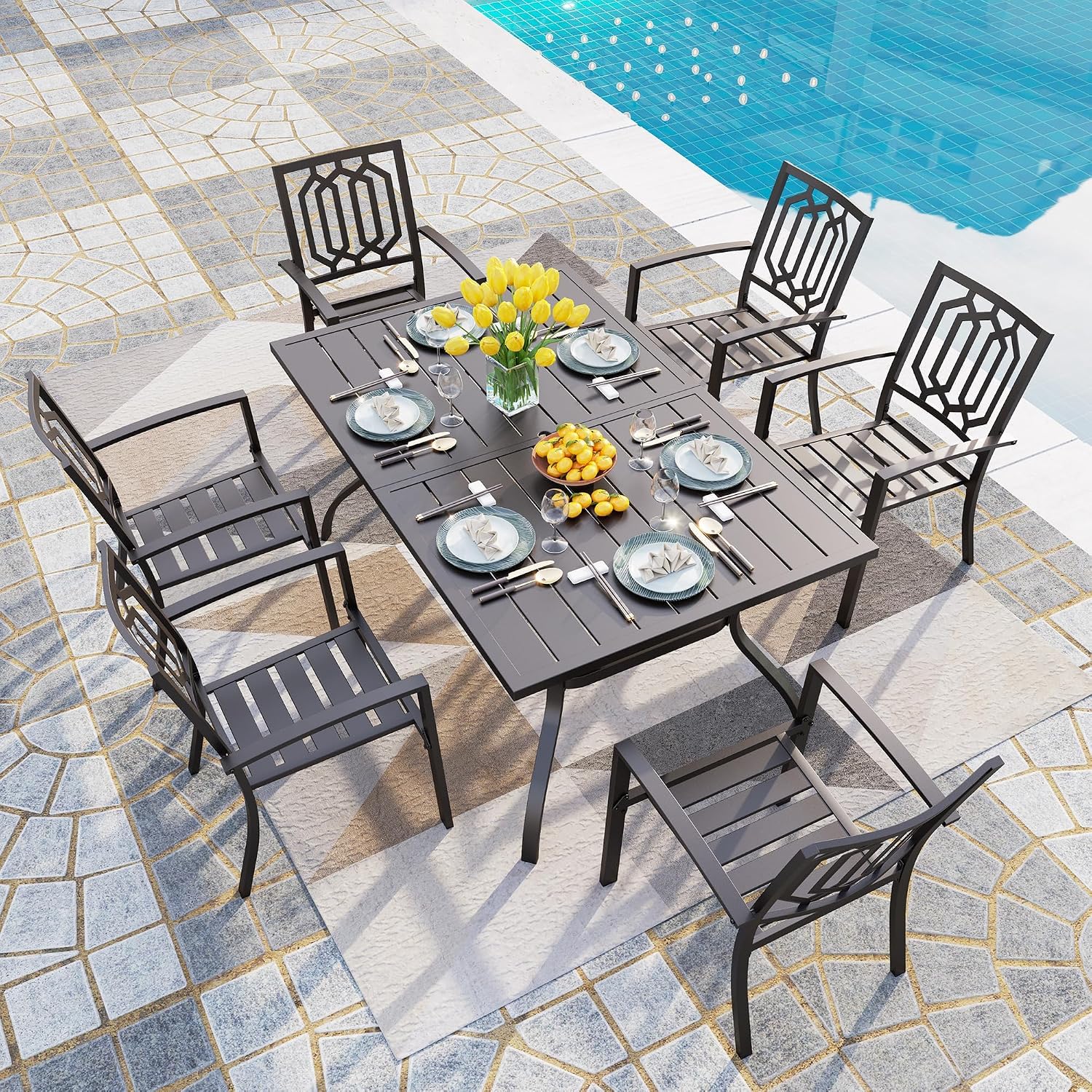 PHI VILLA 7 Piece Outdoor Dining Set for 6, 60' Rectangular Metal Steel Table with Umbrella Hole & Stackable Chairs, Heavy-Duty Furniture Set for Patio, Deck, Yard, Porch - Black