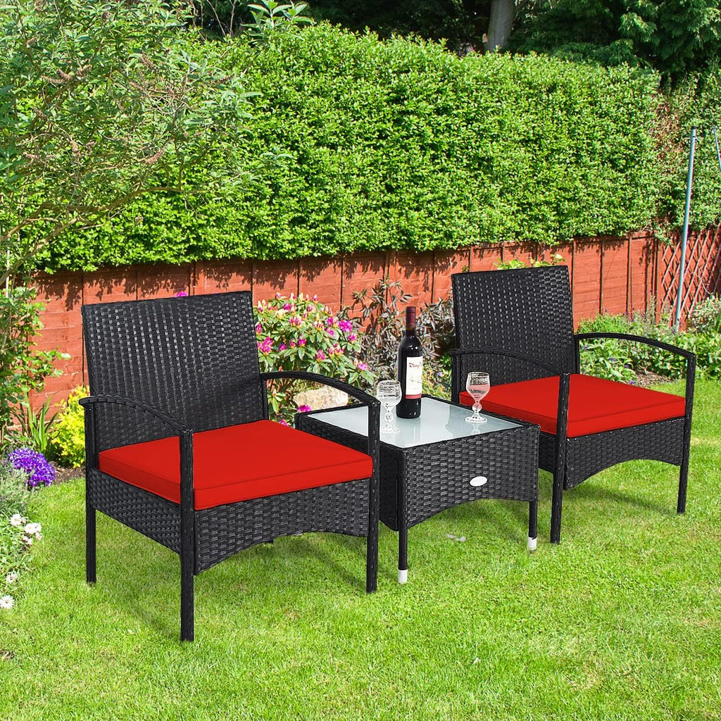 HAPPYGRILL 3 Pieces Patio Furniture Set Outdoor Conversation Set Rattan Wicker Bistro Set with Glass Coffee Table & Soft Cushions for Balcony Garden Poolside