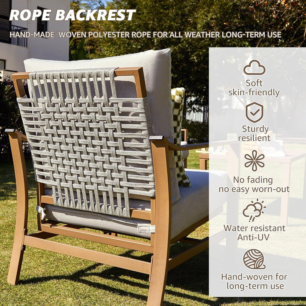 NATURAL EXPRESSIONS 4 Pieces Patio Furniture Sets,Modern Metal Outdoor Conversation Sets with All Weather Hand-Woven Rope Chairs,High Back Frame,Metal Table, 6' Thick Olefin Cushions for Yard,Garden